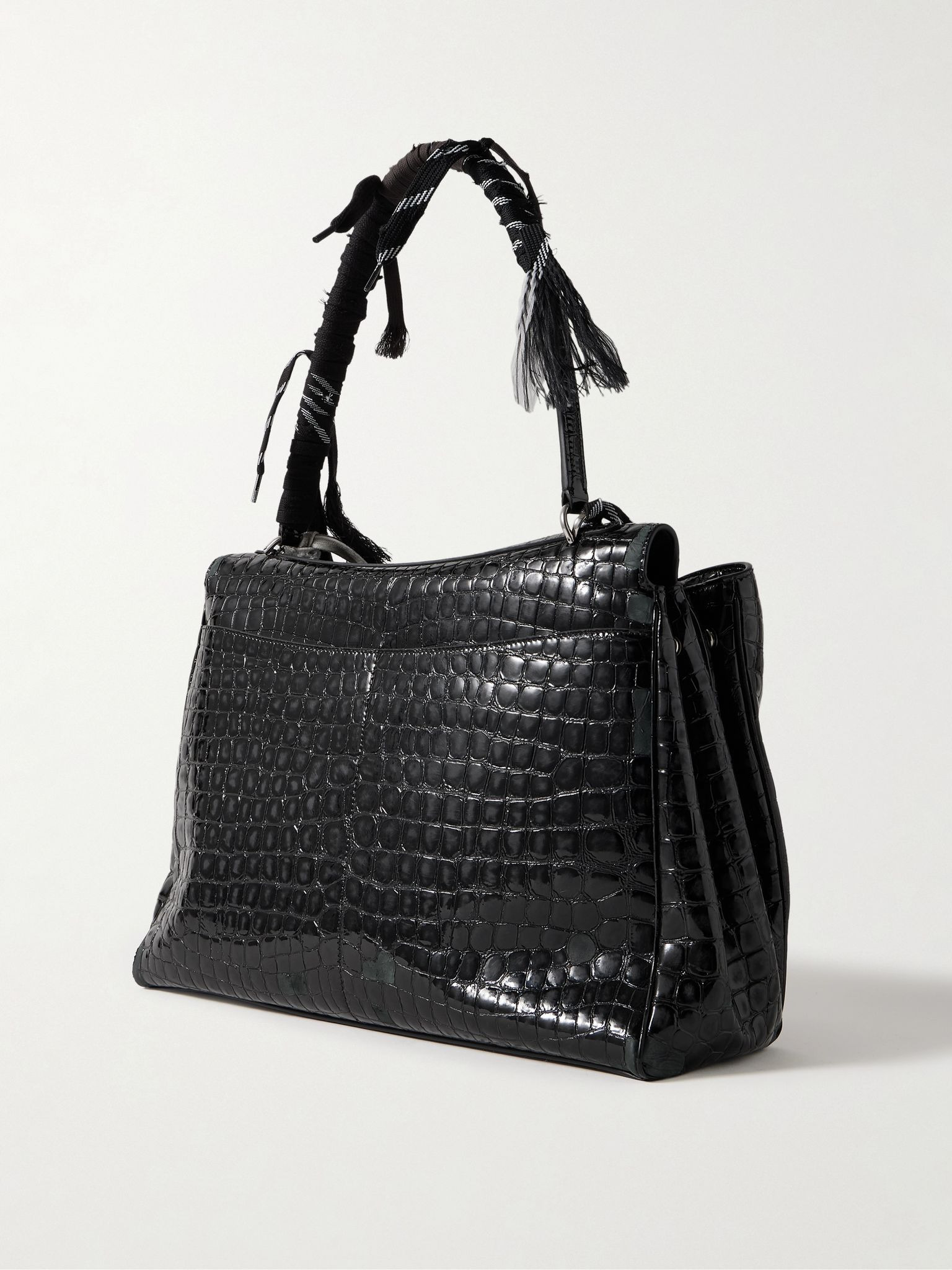 Rodeo Large Distressed Croc-Effect Glossed-Leather Tote Bag Black - 3