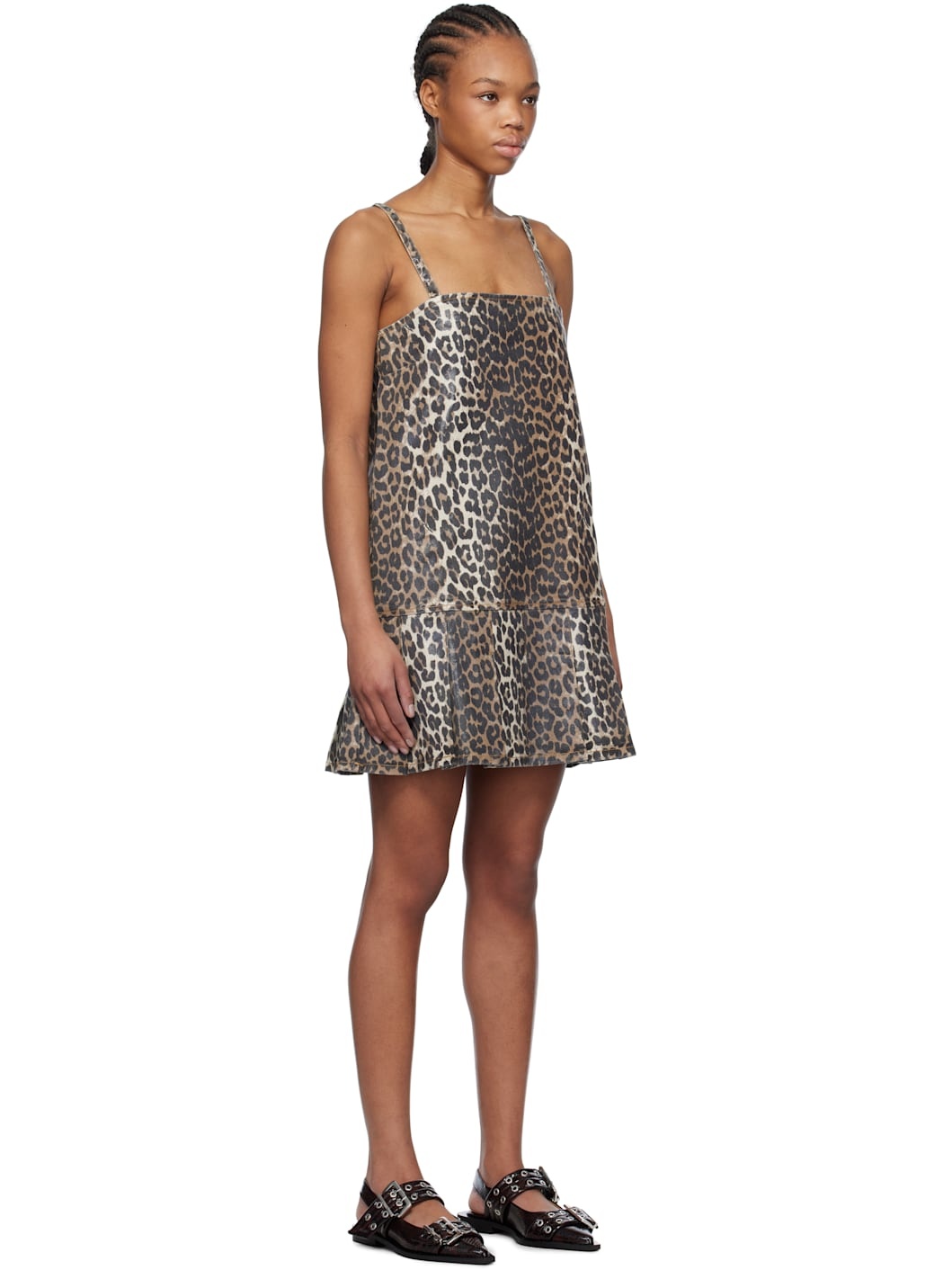 Brown Leopard Foil Print Denim Strap Minidress - 2