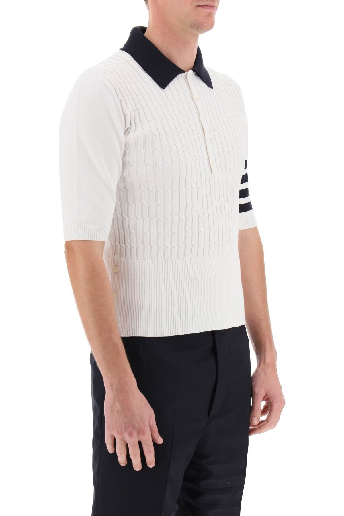 Thom Browne Placed Baby Cable 4 Bar Cotton Polo Sweater | REVERSIBLE