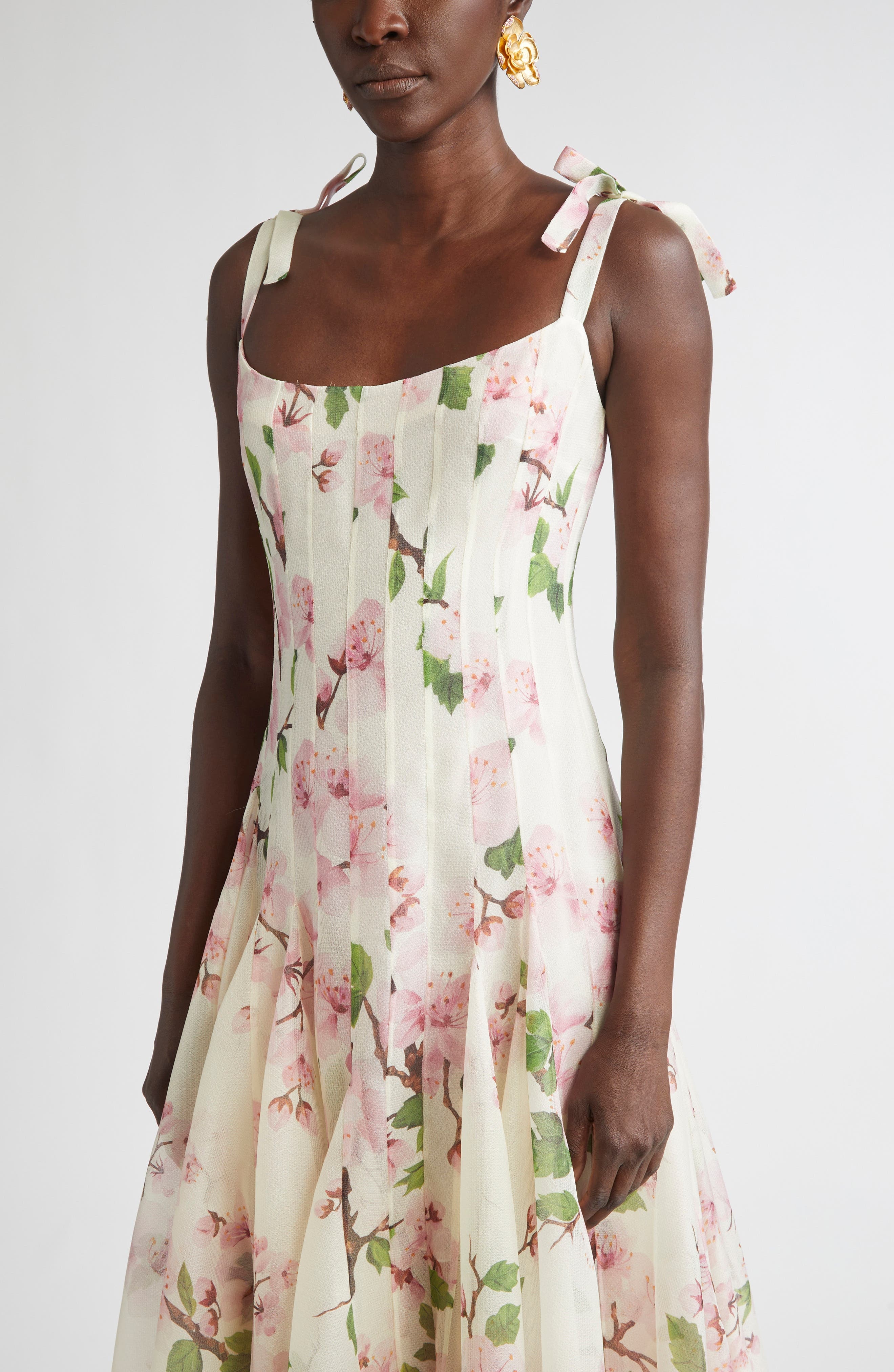 Oscar de la Renta Cherry Blossom Print Pleated Organza in Pink/Ivory at Nordstrom - 4