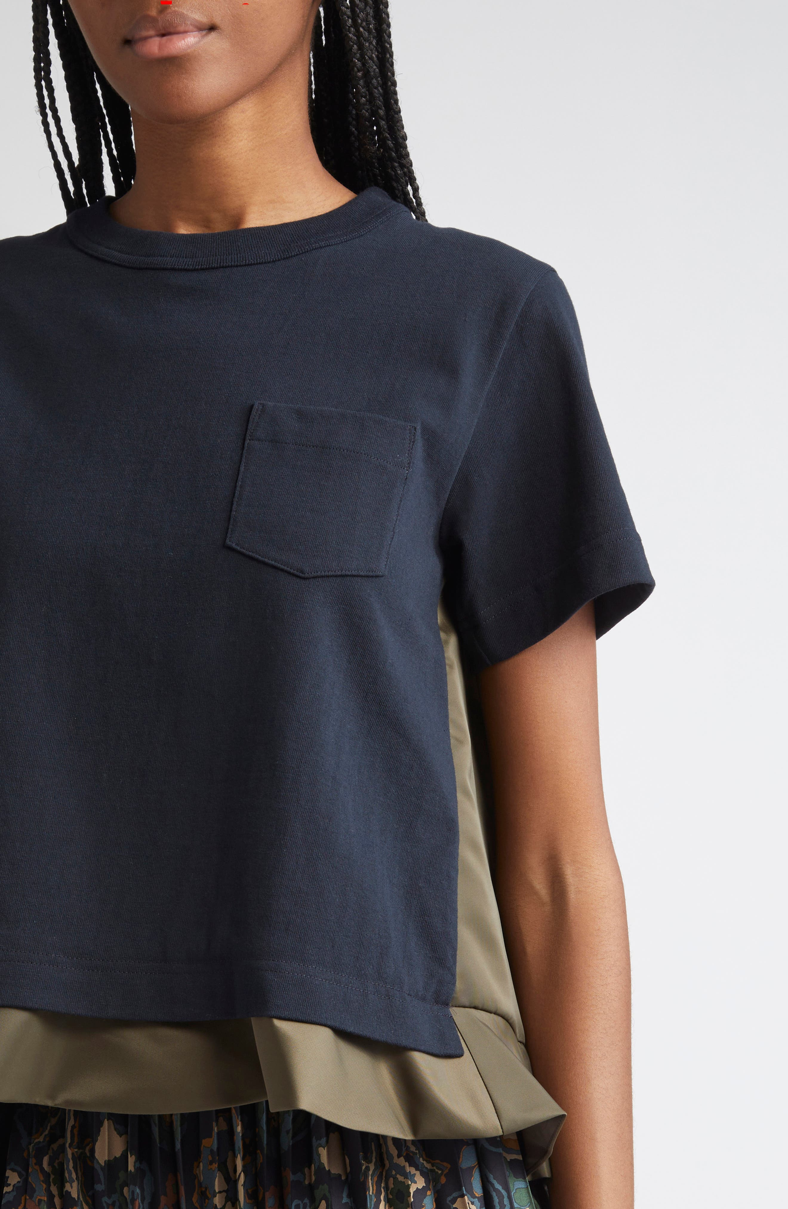 Sacai Mixed Media Nylon Twill & Cotton Jersey Pocket T-Shirt in Navy/Dark Khaki at Nordstrom - 5