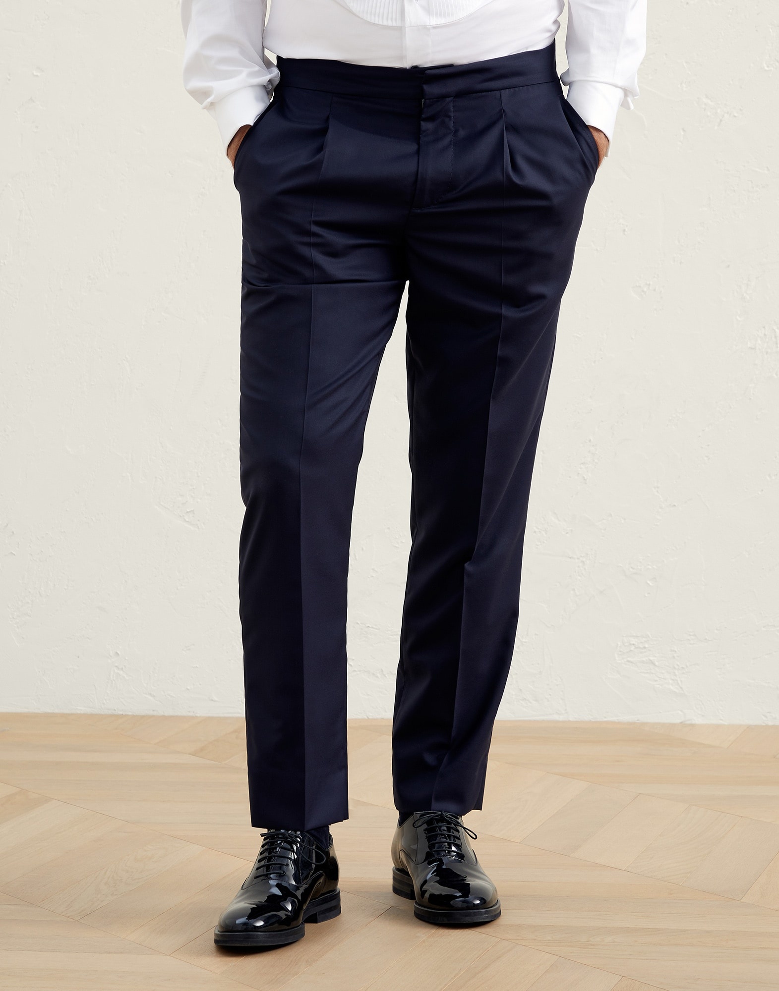 Lightweight virgin wool and silk twill tuxedo trousers with pleat - 1