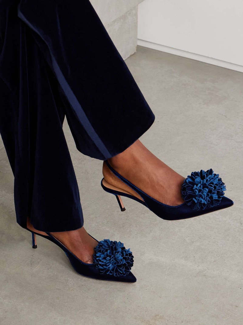 AQUAZZURA Couturier 65 pompom-embellished velvet slingback pumps outlook