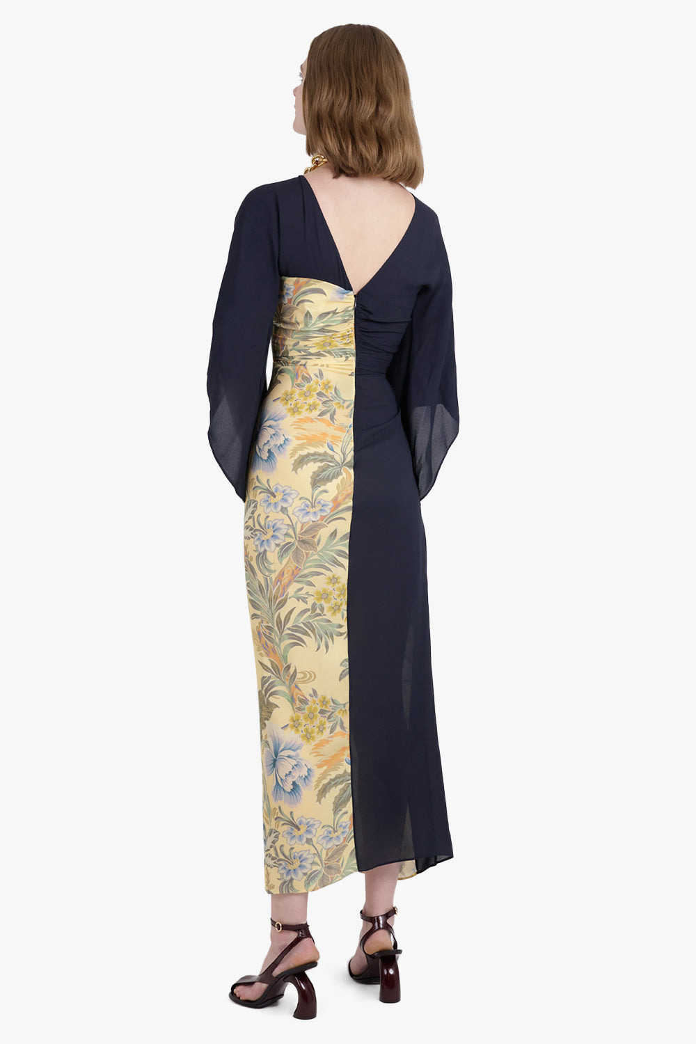 KIMONO STYLE DRAPED FLORAL PRINT MIDI DRESS | BLACK/YELLOW - 3