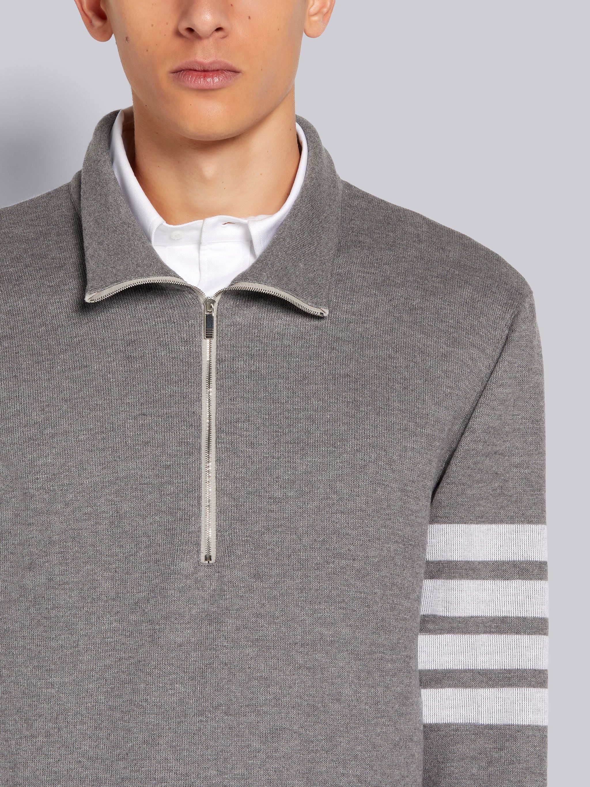 Medium Grey Double Face Cotton Knit 4-Bar Stripe Half Zip Funnel Neck Pullover - 5