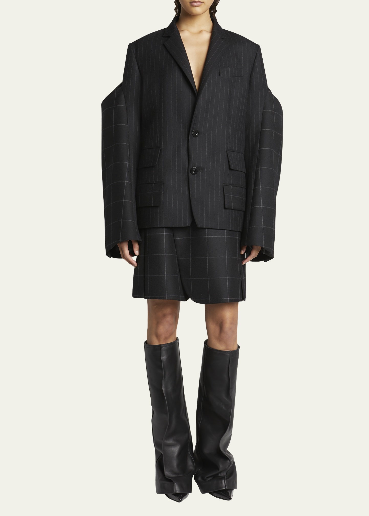 Pinstripe Windowpane Wool Blazer with Oversized Sleeves - 2