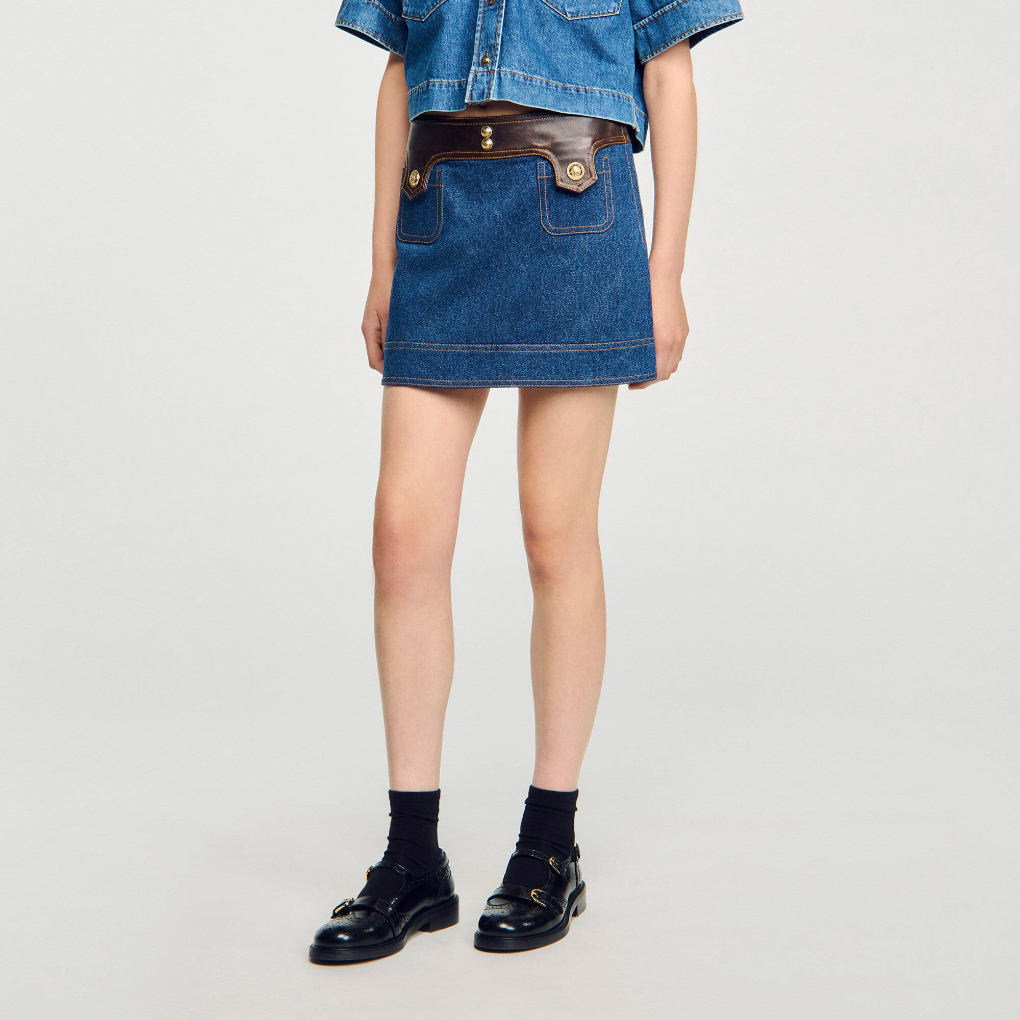 MINI DENIM AND LEATHER SKIRT - 4