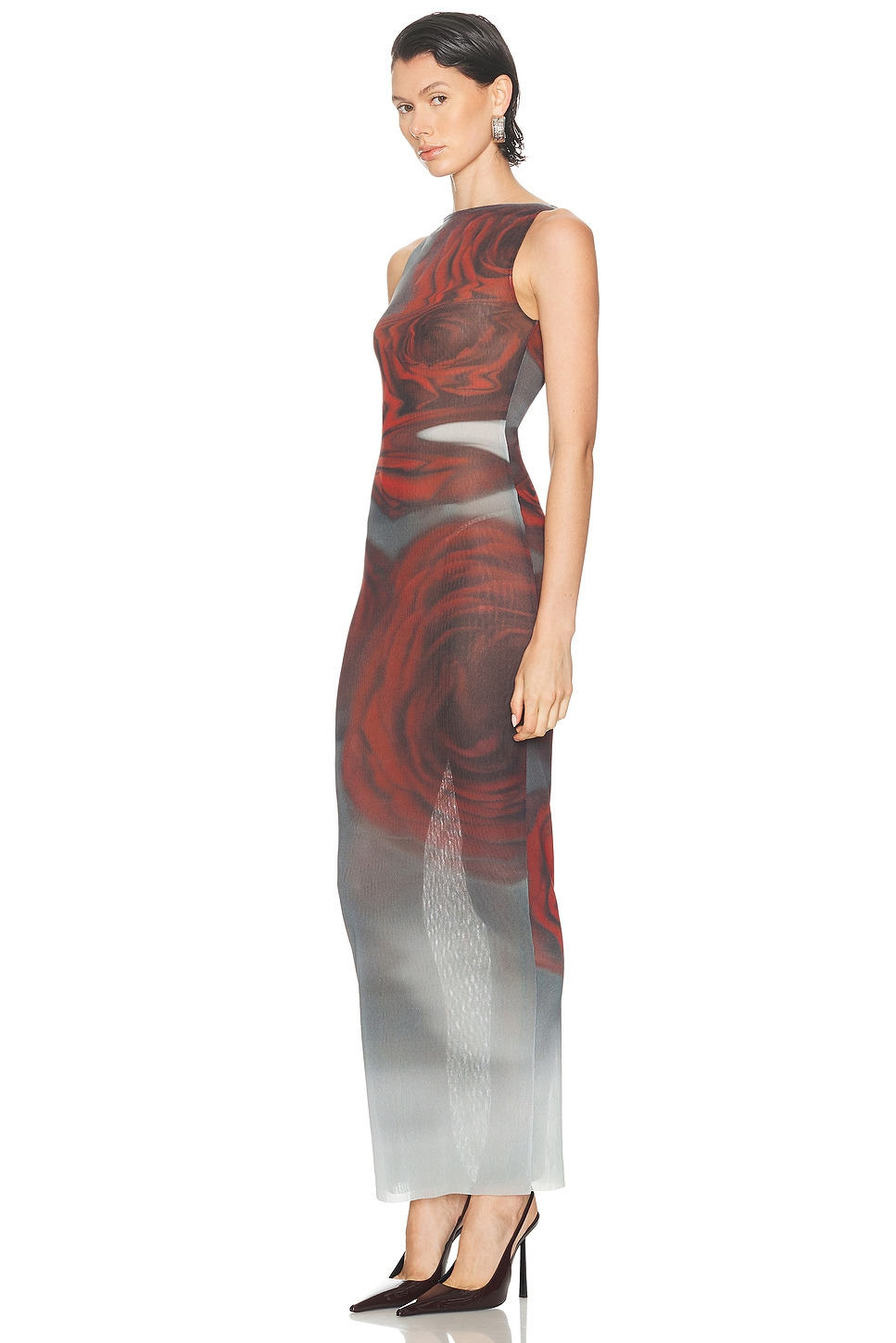 Boat Neck Blurry Roses Printed Sleeveless Dress - 3