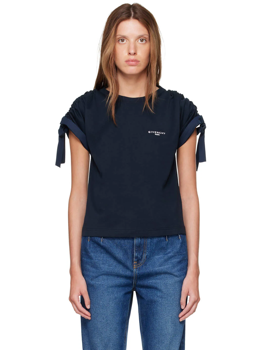 Navy Gathered Shoulder T-shirt - 1