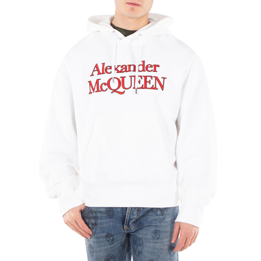 Alexander Mcqueen Men's Optical White Logo-Embroidered Cotton Hoodie - 3