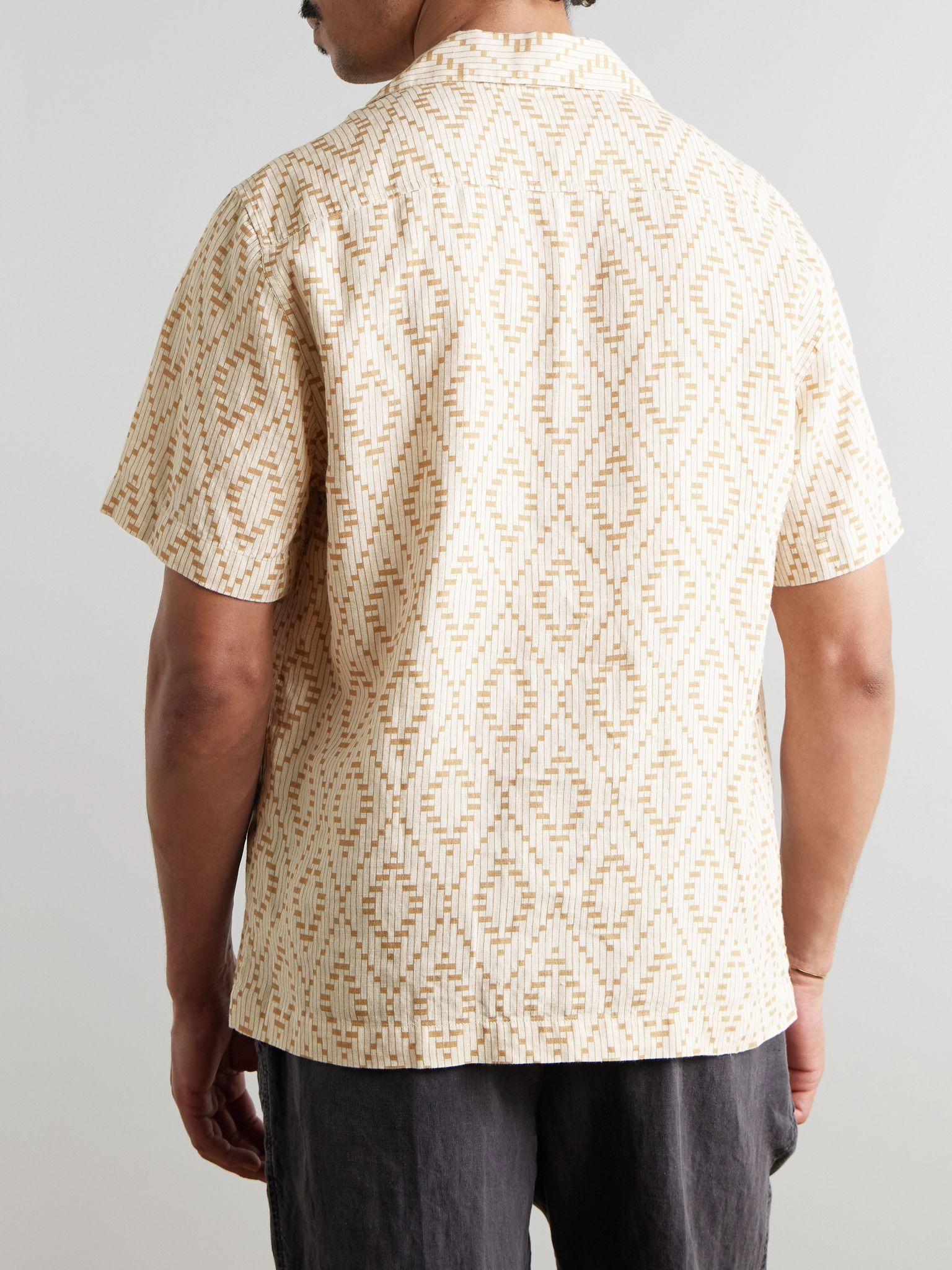 Roberto Camp-Collar Printed Linen Shirt Beige - 3