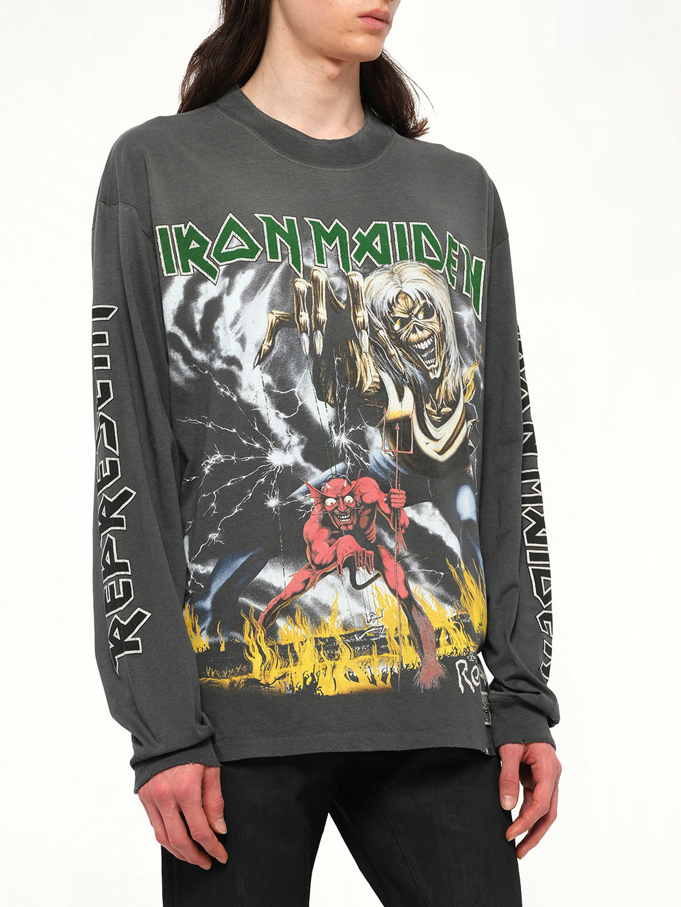 Iron Maiden Number of the Beast Long Sleeve T-Shirt in Sunfade Grey - 6
