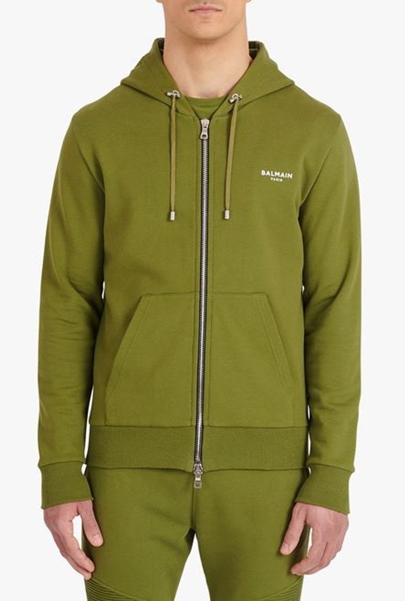 Khaki eco-designed cotton sweatshirt with small flocked white Balmain logo 5