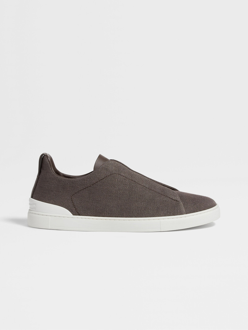 DARK TAUPE COTTON LINEN AND LEATHER TRIPLE STITCH™ SNEAKERS 4