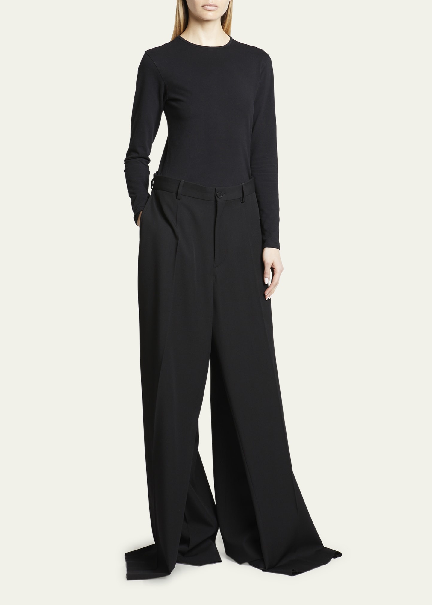 Double Front Wide-Leg Wool Pants - 4