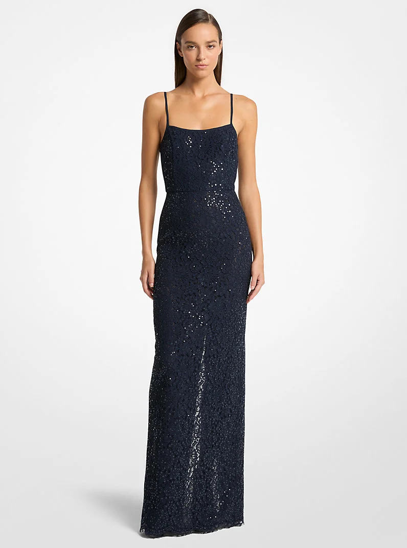 Sequined Corded Floral Lace Gown - 1