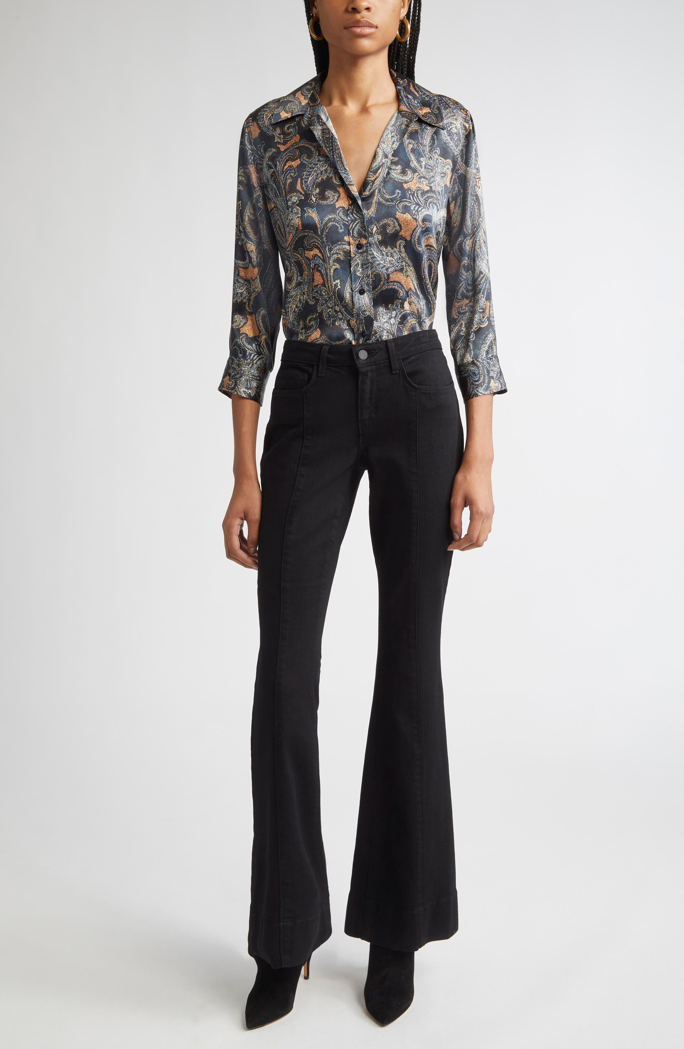 L'AGENCE Dani Print Three-Quarter Sleeve Silk Button-Up Shirt in Midnight Multi Etched Paisley at No - 2