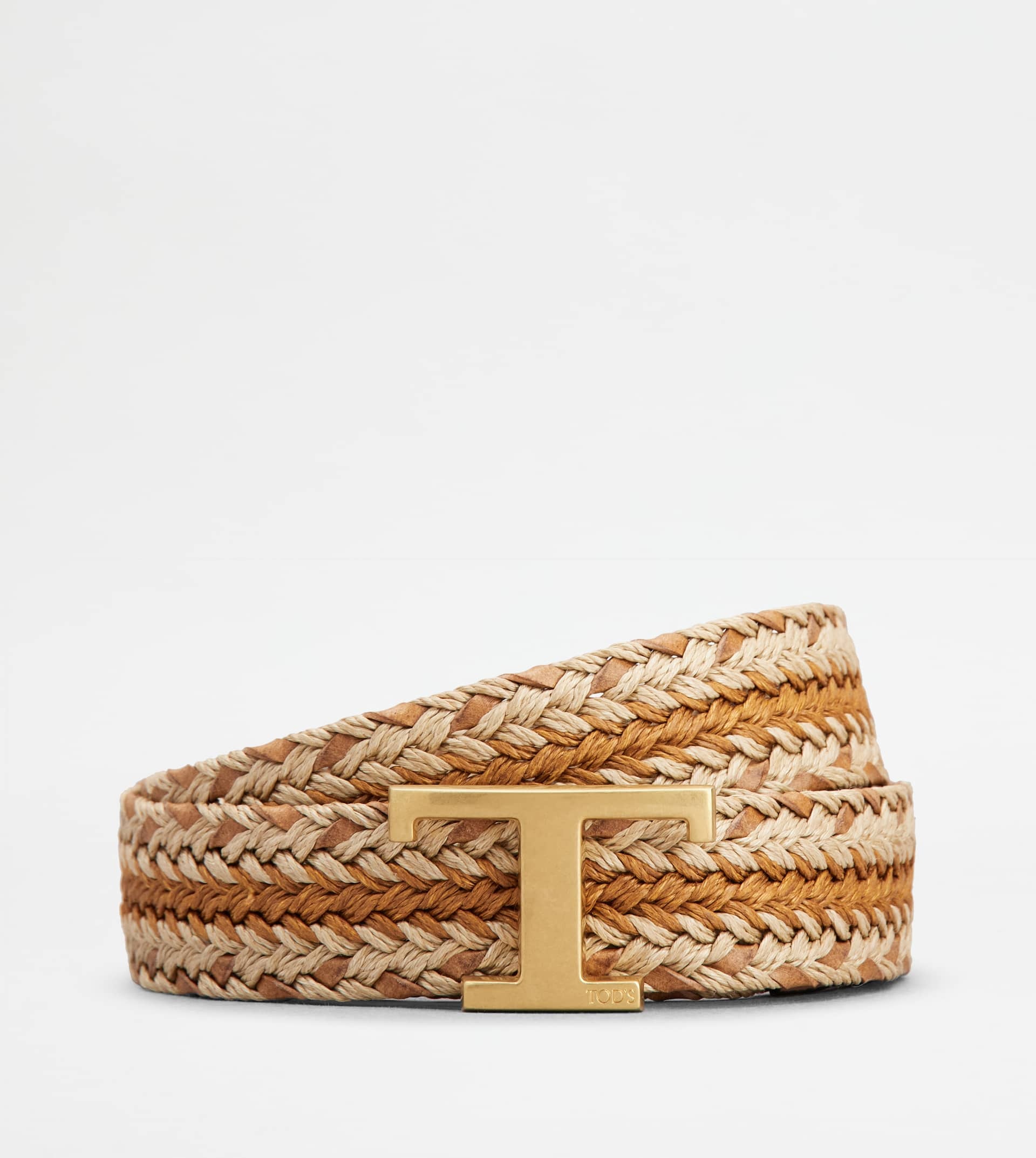 T TIMELESS BELT IN LEATHER AND FABRIC - BROWN, BEIGE - 1