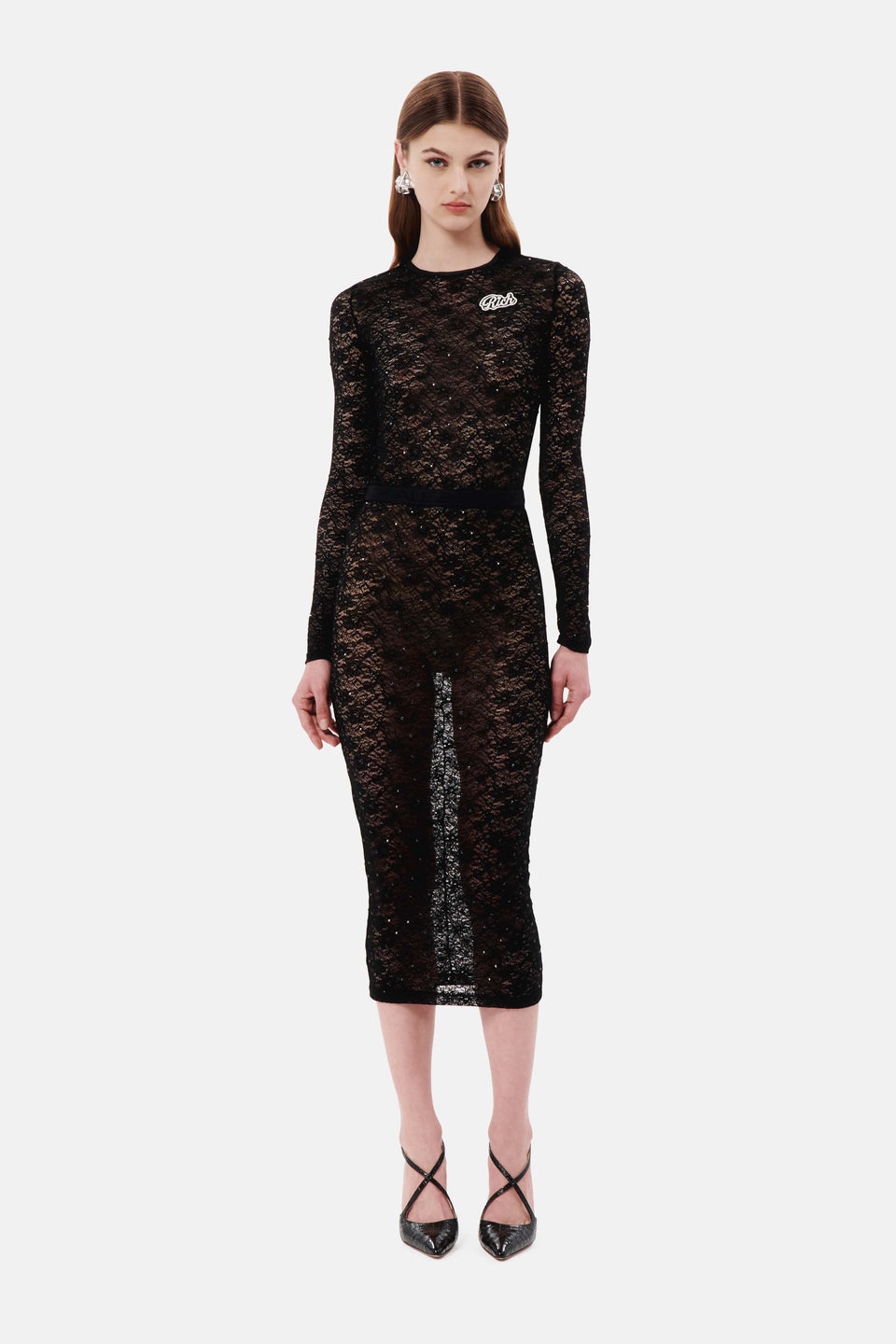 STRETCH LACE MIDI SKIRT WITH HOTFIX - 4