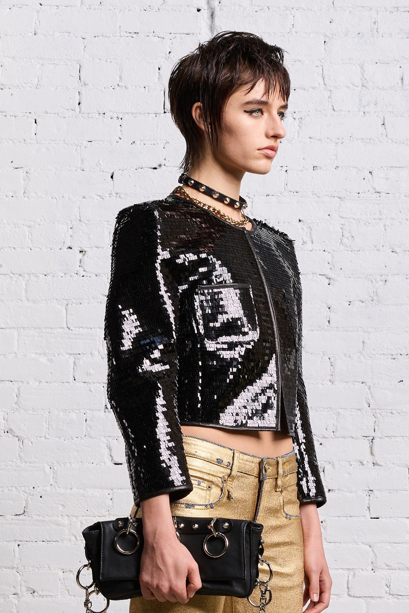 SQUARE SHOULDER SEQUIN JACKET - BLACK - 5