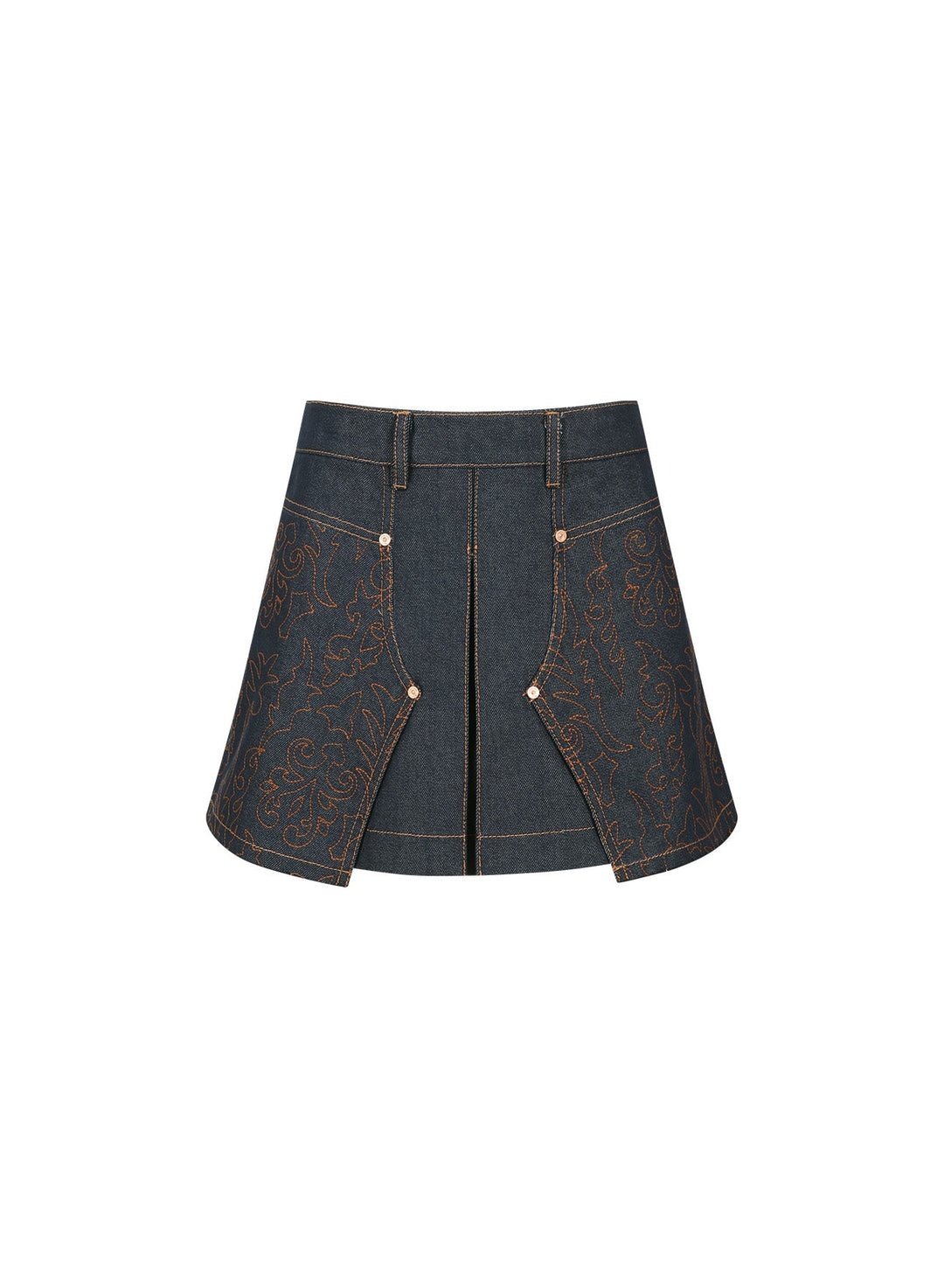 ★ANDERSSON BELL★ EMBROIDERY PLEATED DENIM SKIRT Navy Embroidery Panel Pleated Denim Miniskirt by Andersson