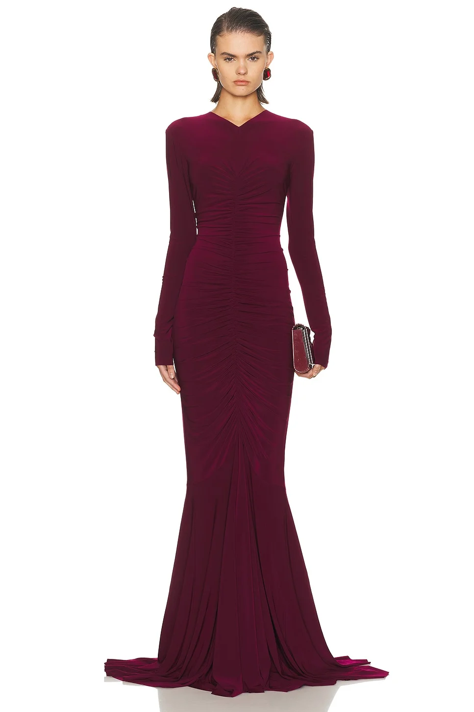 Long Sleeve V Neck Shirred Front Fishtail Gown - 1