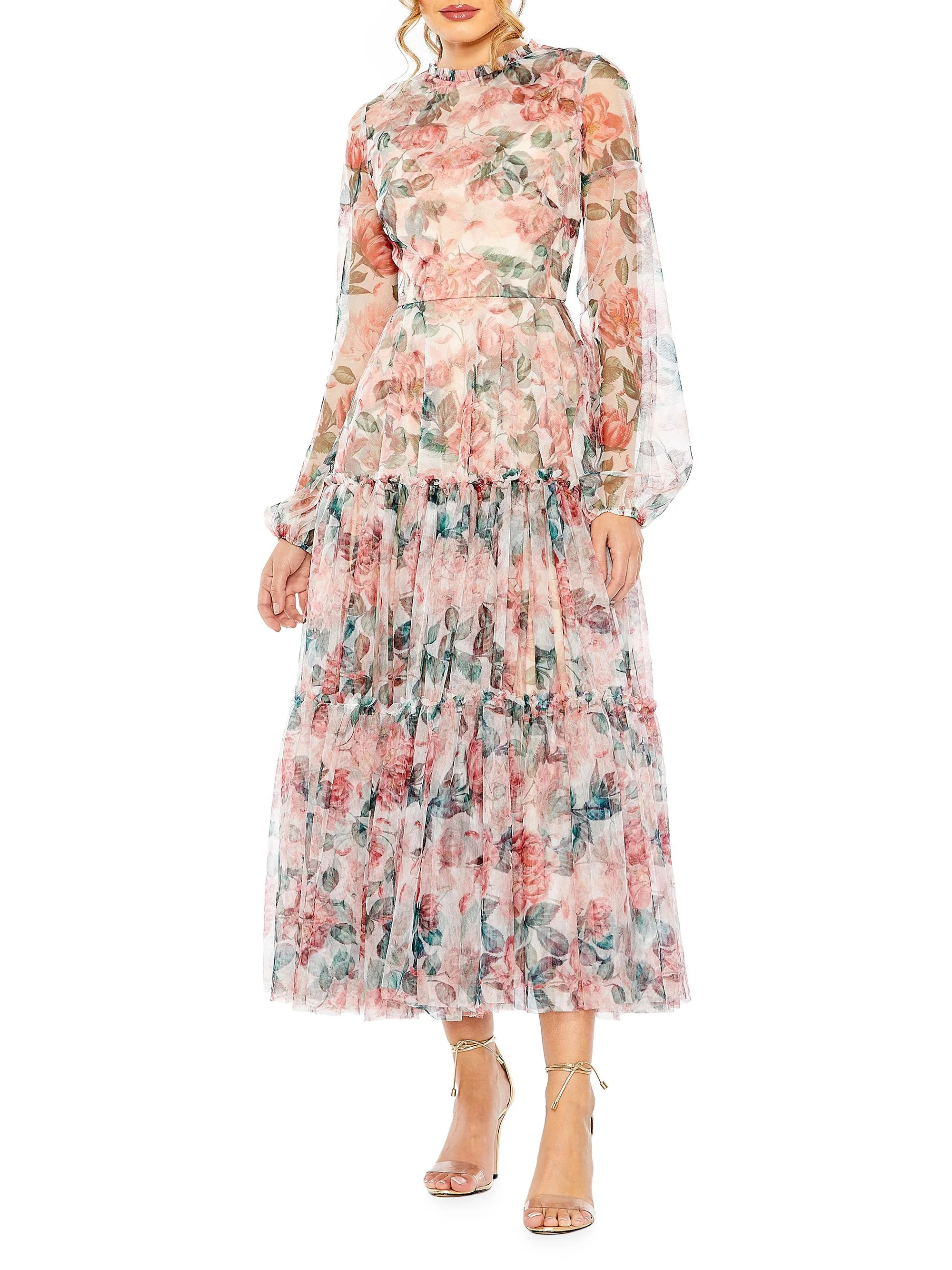 Women's Floral Chiffon Balloon-Sleeve Midi-Dress - White Multi - 1