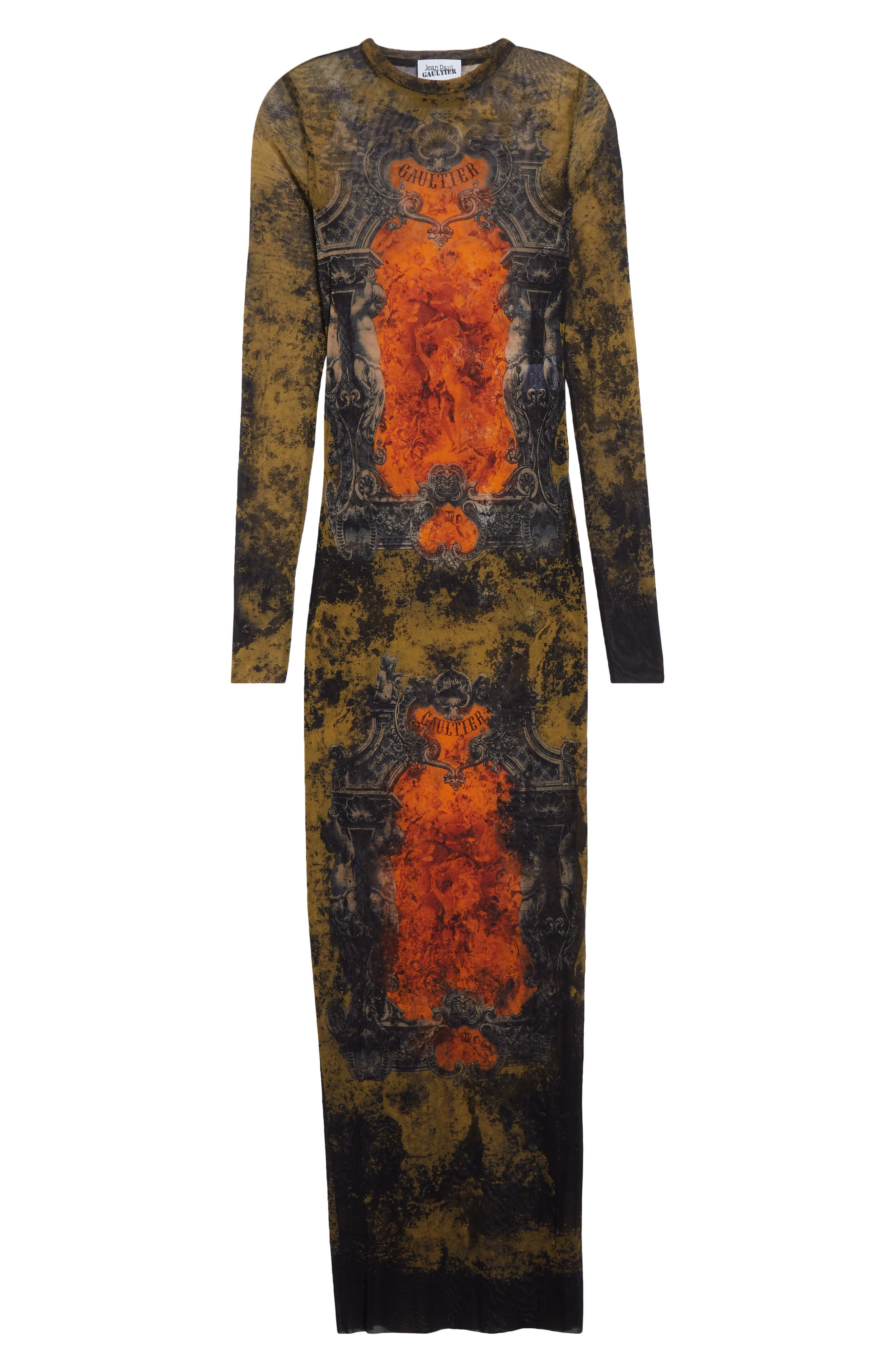 Jean Paul Gaultier Medallion Print Long Sleeve Mesh Body-Con Dress in Black/Khaki/Orange at Nordstro - 5