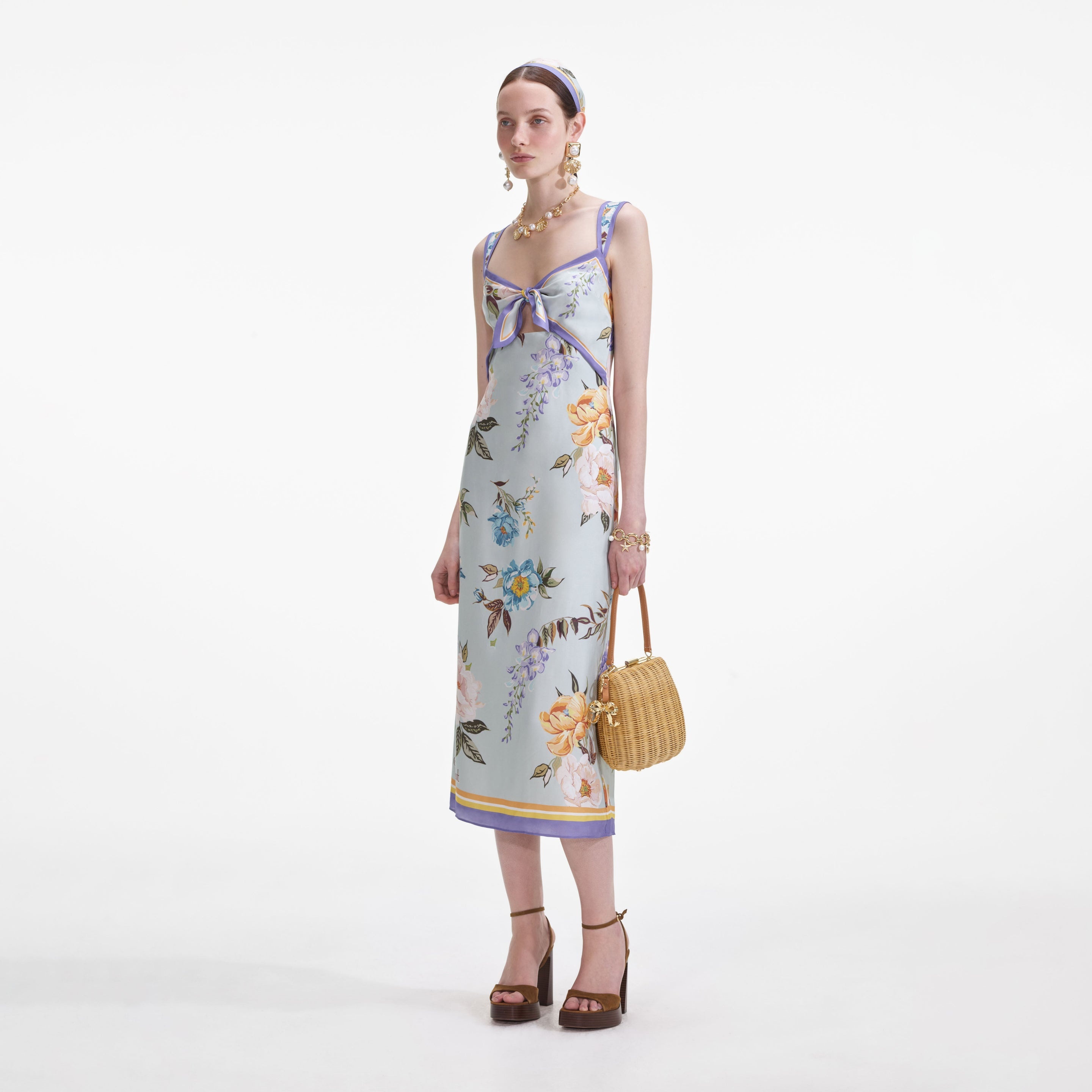Blue Floral Silk Twill Midi Dress - 2