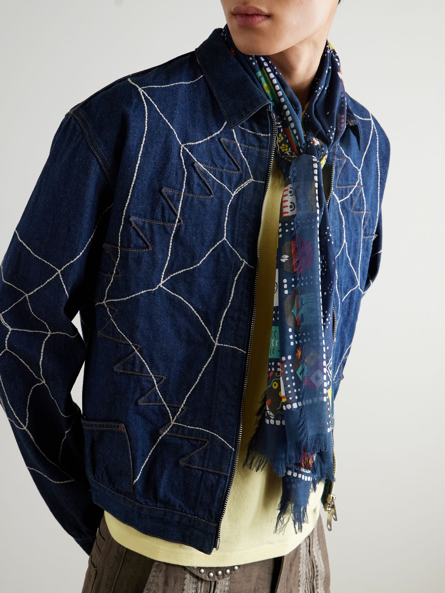 Frayed Printed Cotton-Blend Gauze Scarf Navy - 2