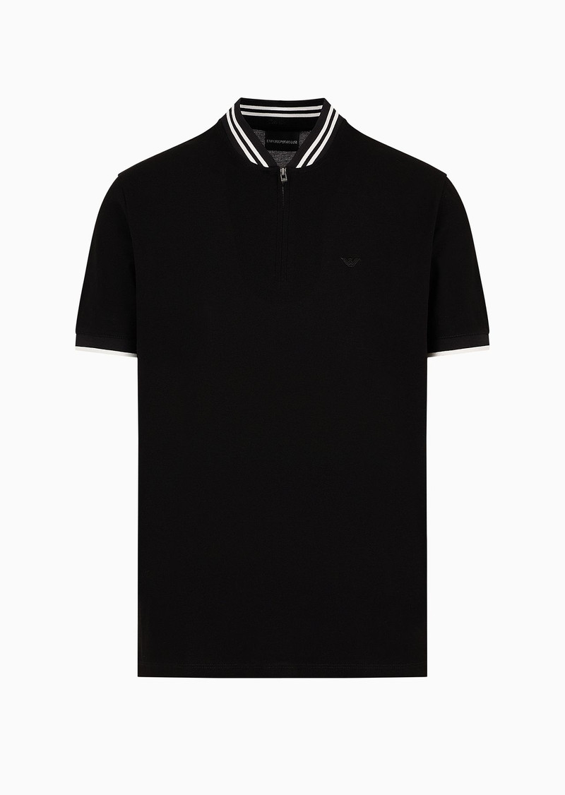 Mercerised piqué polo shirt with zip, bomber jacket collar and micro eagle embroidery 1