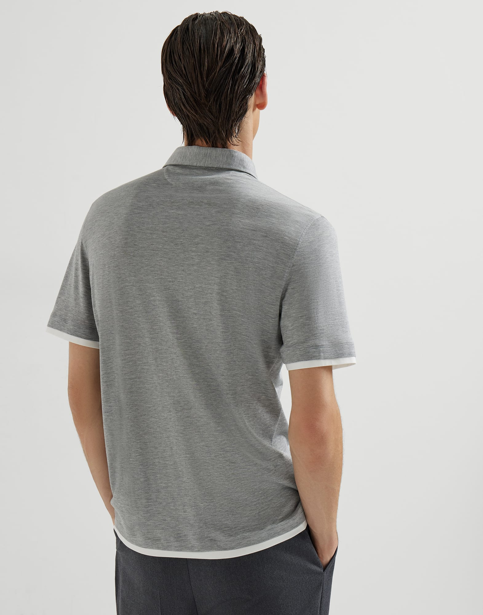 Silk and cotton lightweight jersey polo with shirt-style collar and faux-layering - 2