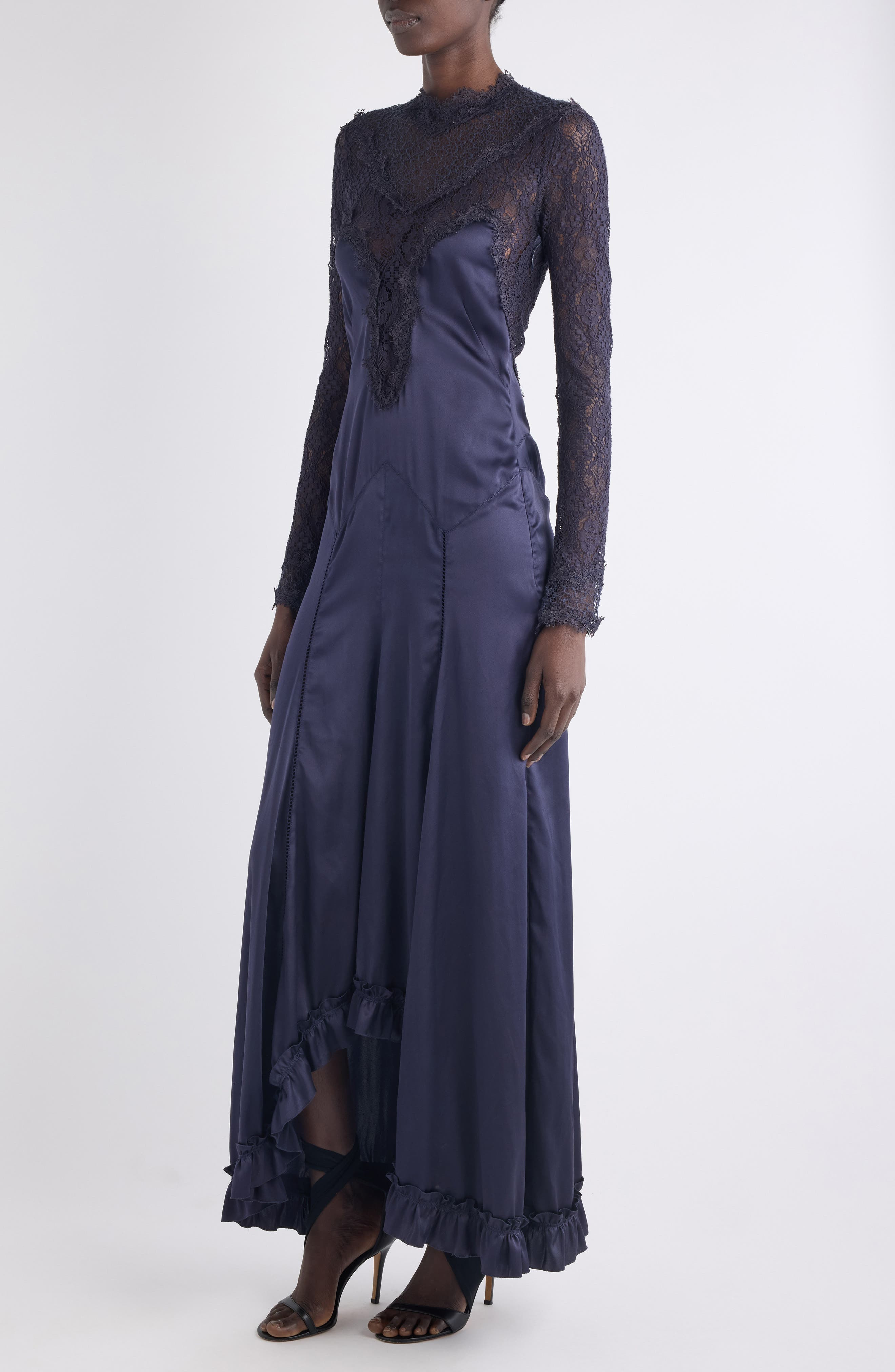 Isabel Marant Dolores Long Sleeve Lace & Silk Satin Dress in Black Midnight at Nordstrom - 4