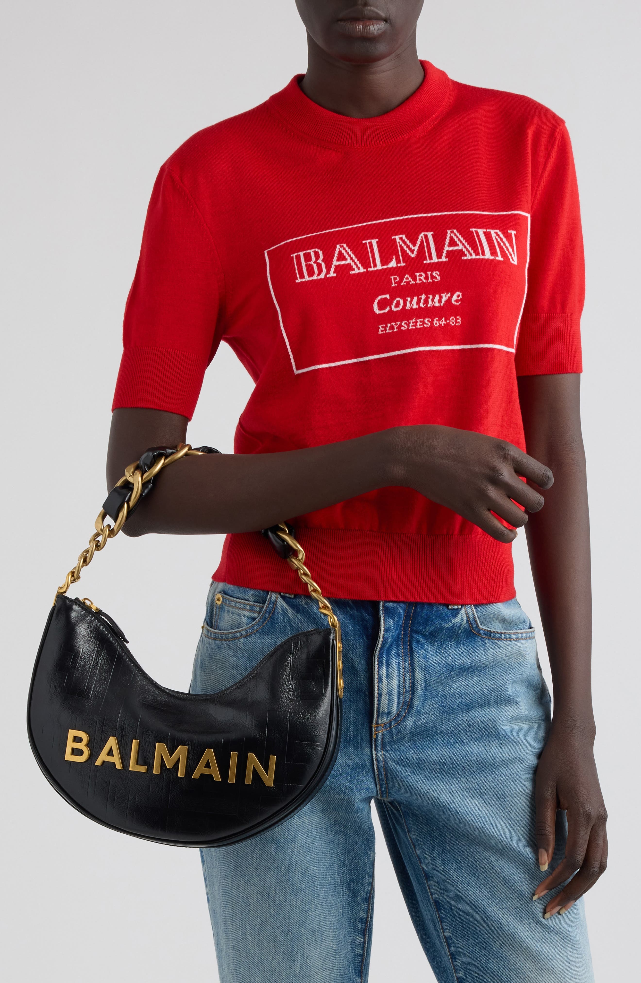 Balmain 1945 Soft Moon Logo Embossed Leather Hobo Bag in 0Pa Black at Nordstrom - 2