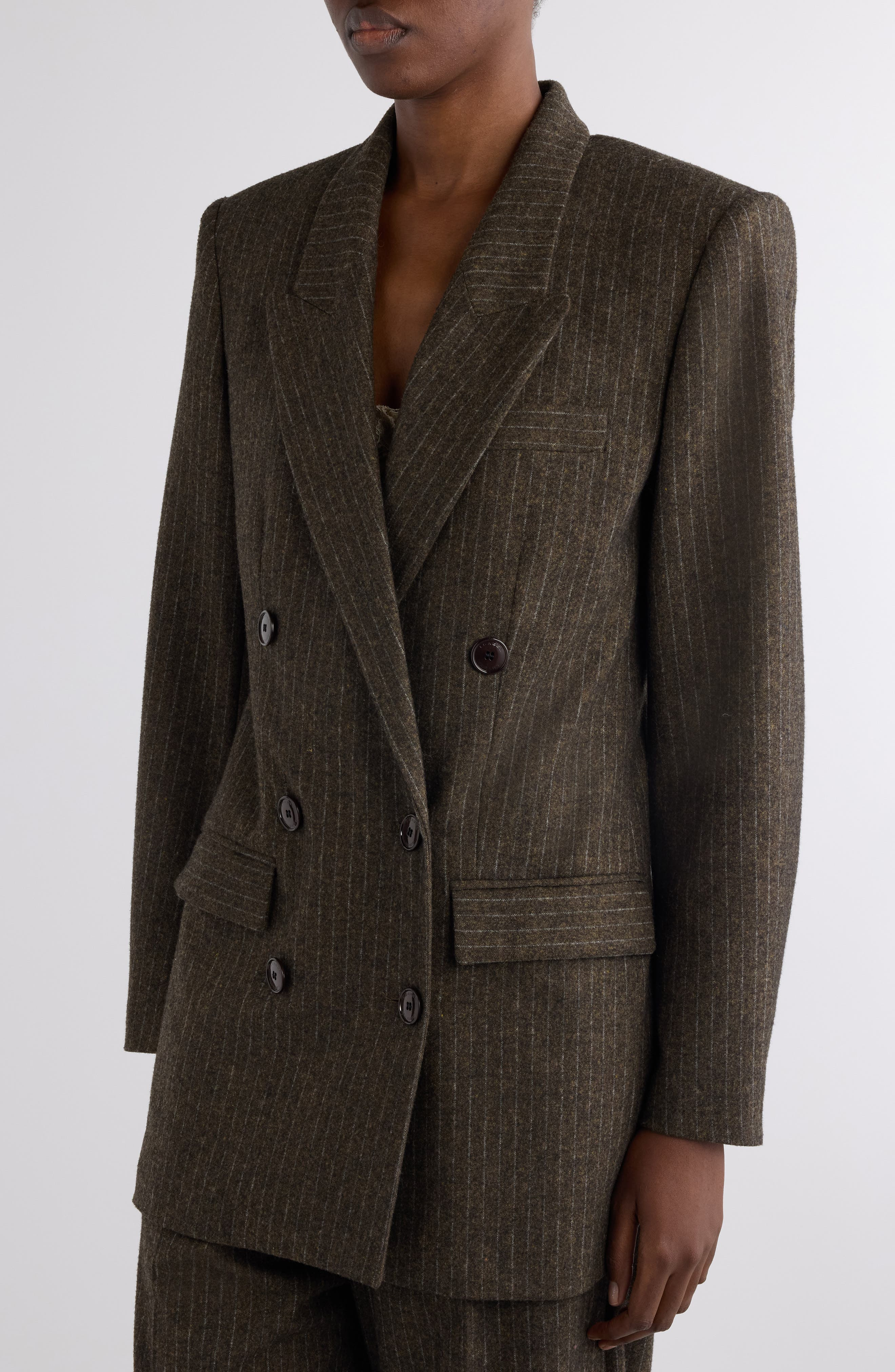 Isabel Marant Jevima Pinstripe Double Breated Wool Blend Blazer in Dark Khaki at Nordstrom - 5