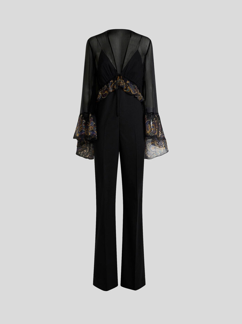 SILK-BLEND JUMPSUIT WITH PLACED PAISLEY FOLIAGE PRINT 1