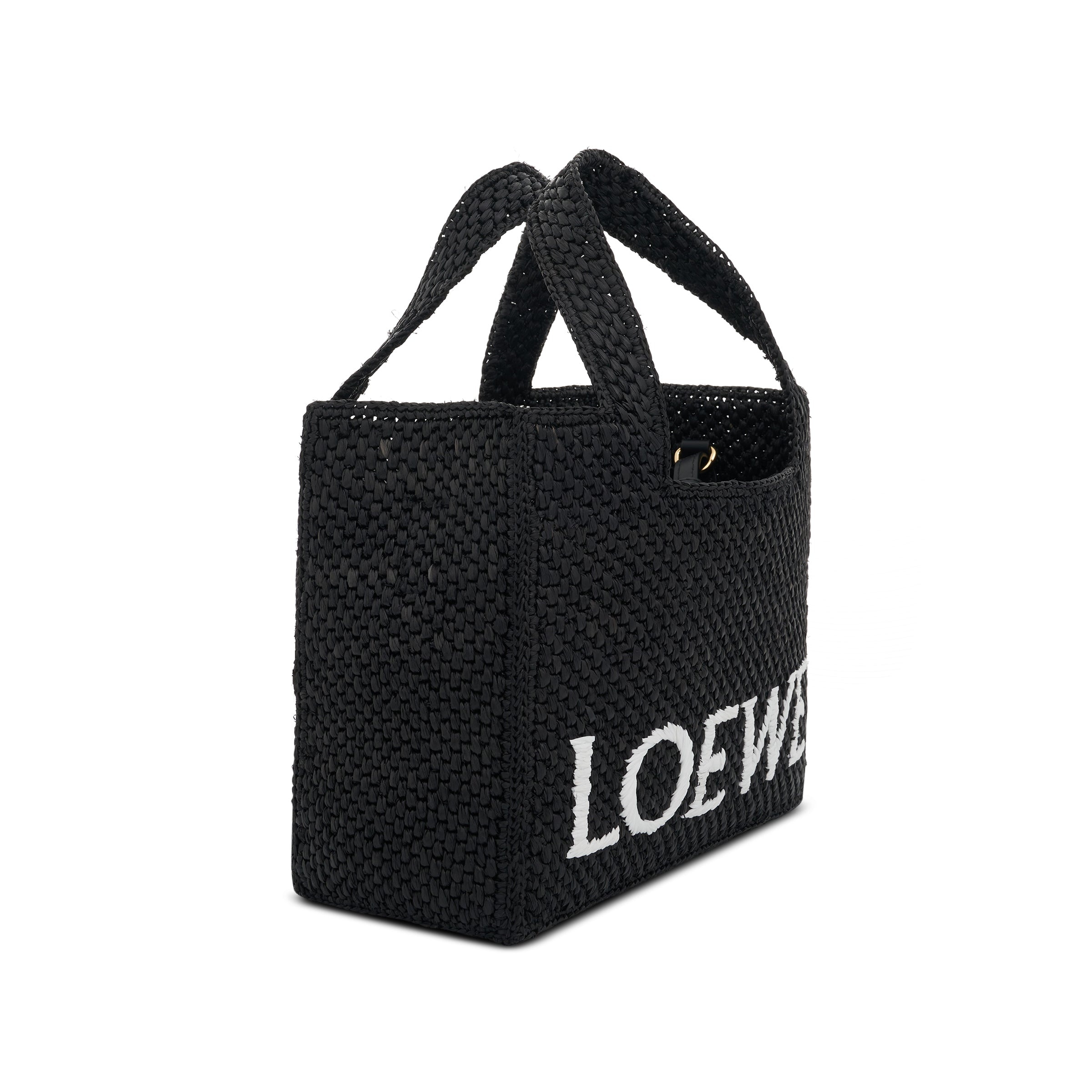 Small Logo Font Tote Bag in Raffia and Calfskin in Black - 2