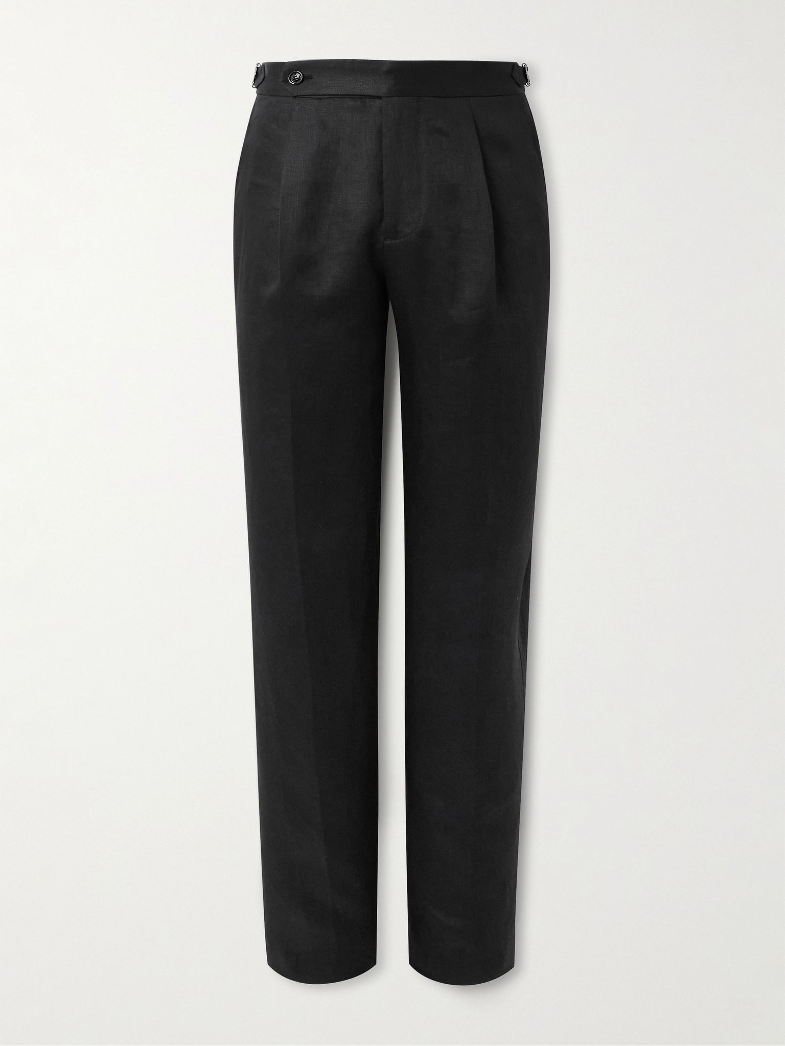 Tapered Pleated Cotton and Silk-Blend Satin-Trimmed Linen Tuxedo Trousers Black - 1