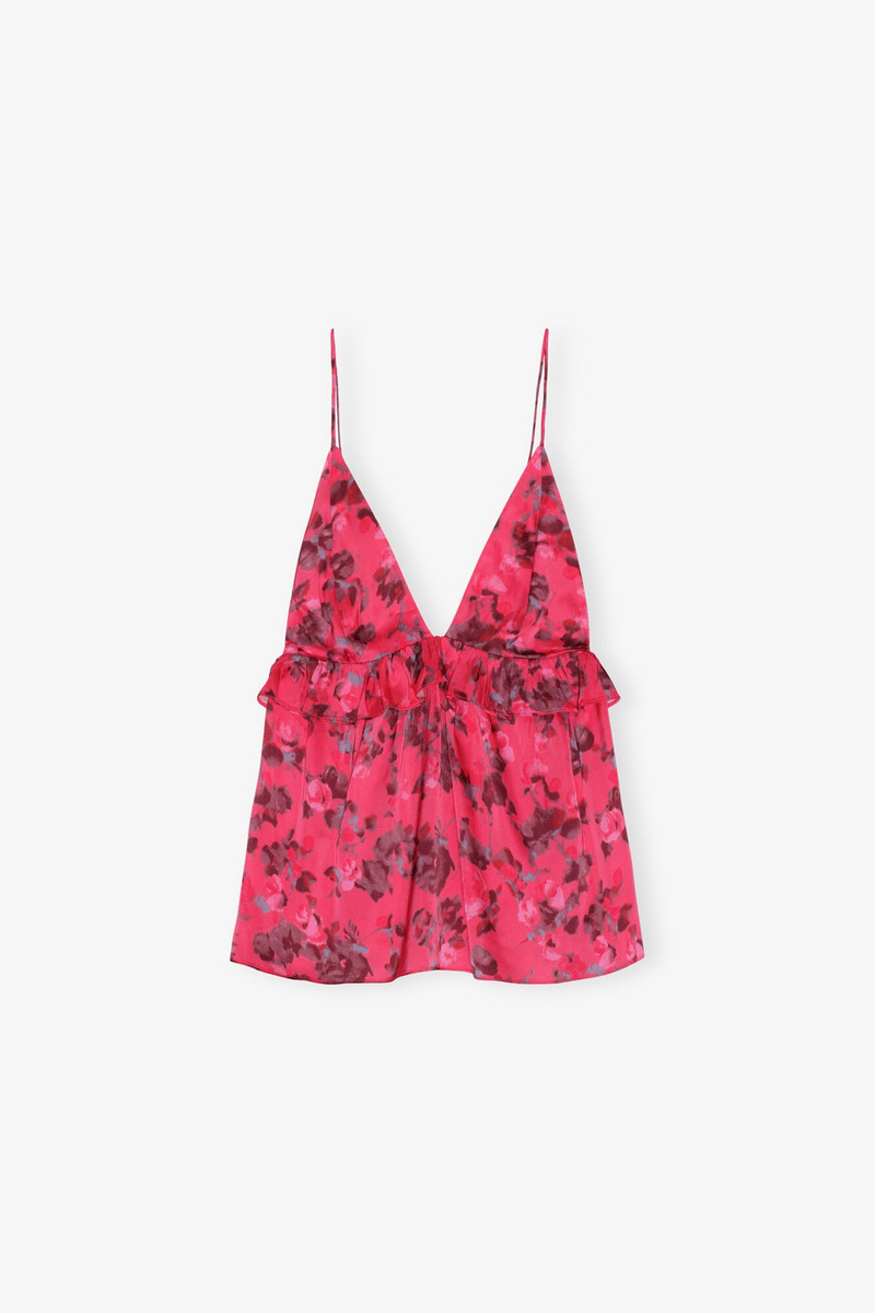 PINK FLORAL PRINTED SATIN STRAP TOP - 1