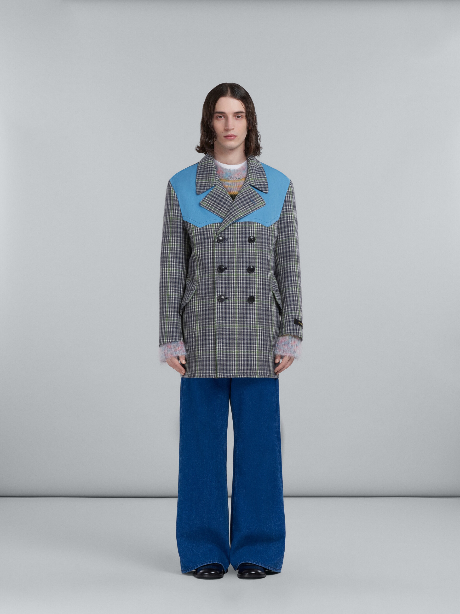 DOUBLE-BREASTED COAT IN GREY CHEQUERED WOOL - 2