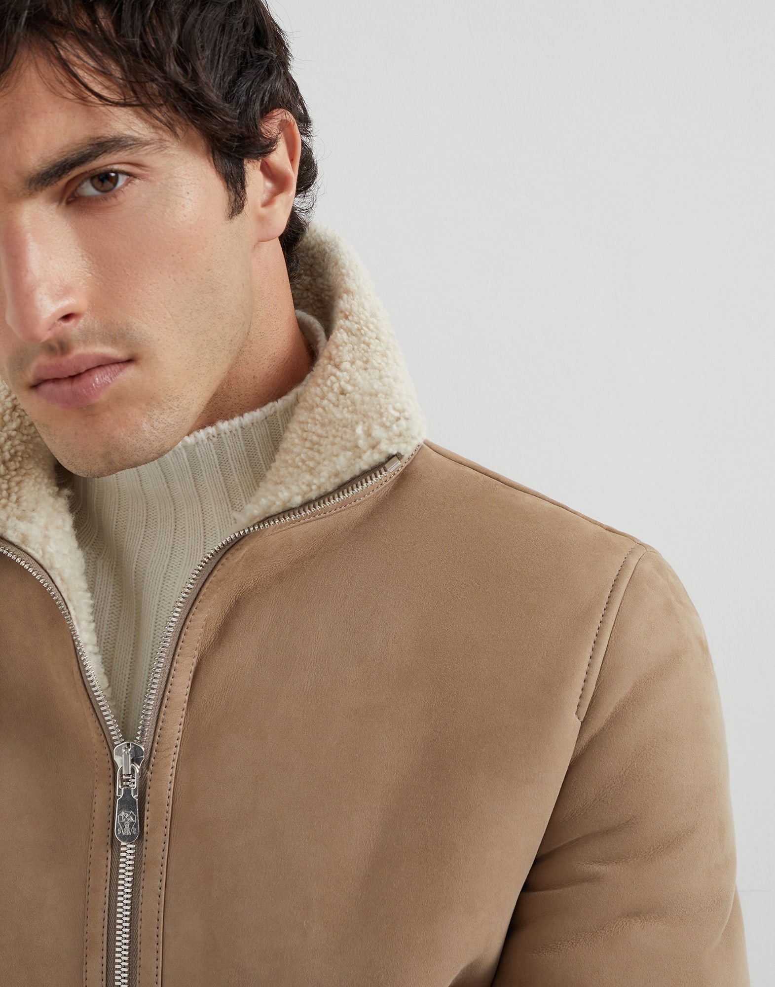 Suede curly shearling bomber jacket with cashmere knit collar - 3