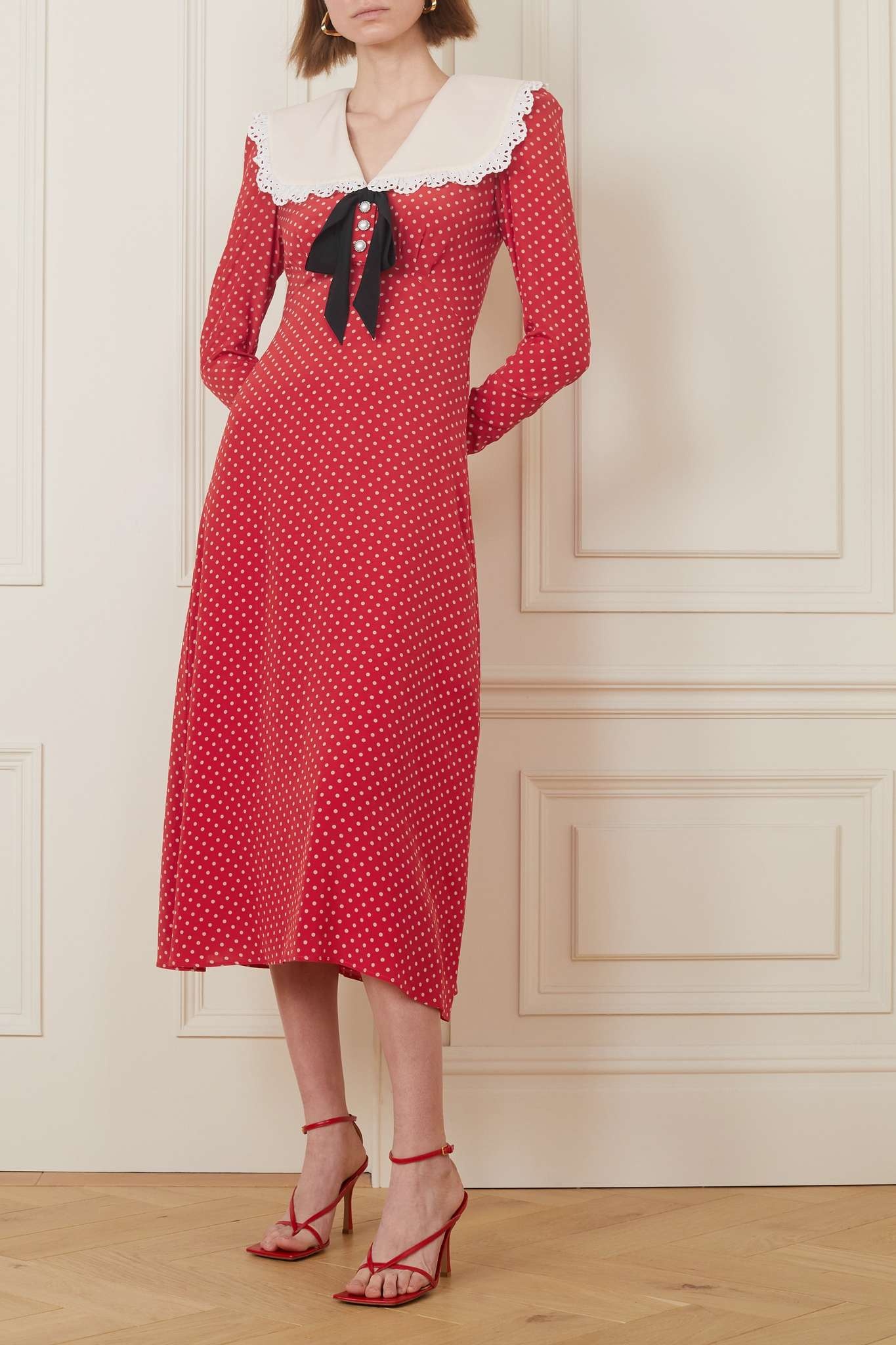 Broderie anglaise-trimmed polka-dot silk crepe de chine midi dress - 3