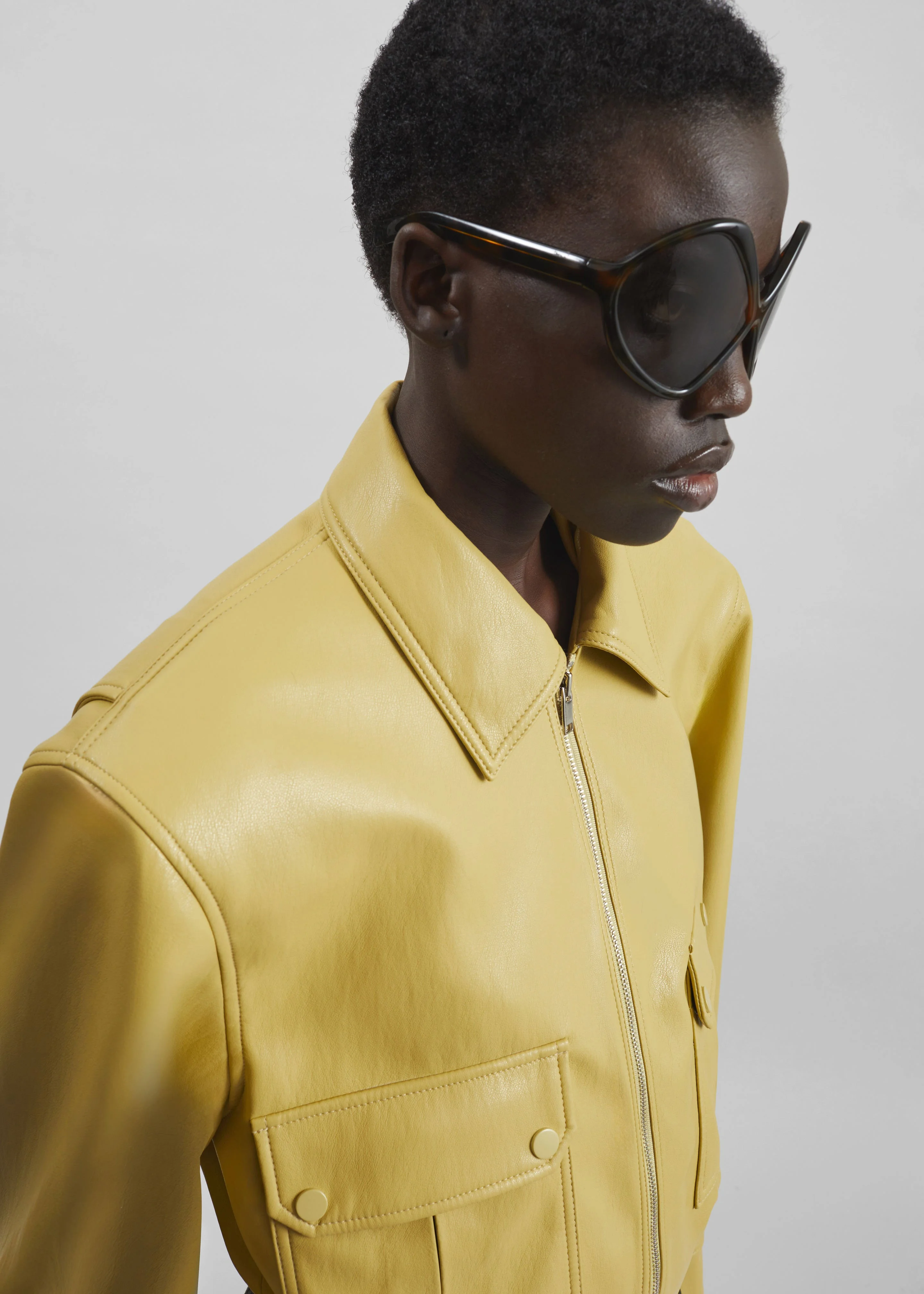 Denain Faux Leather Cropped Bomber Jacket - Yellow - 1