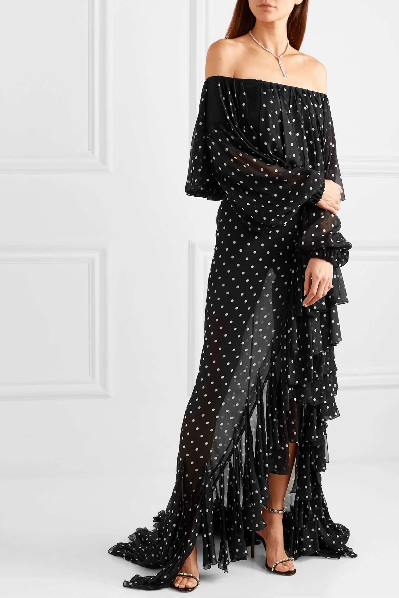 Off-the-shoulder ruffled polka-dot silk-chiffon maxi dress - 3