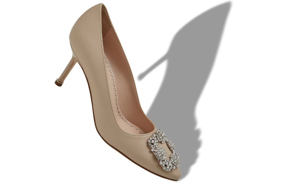 Light Beige Calf Leather Jewel Buckle Pumps - 2