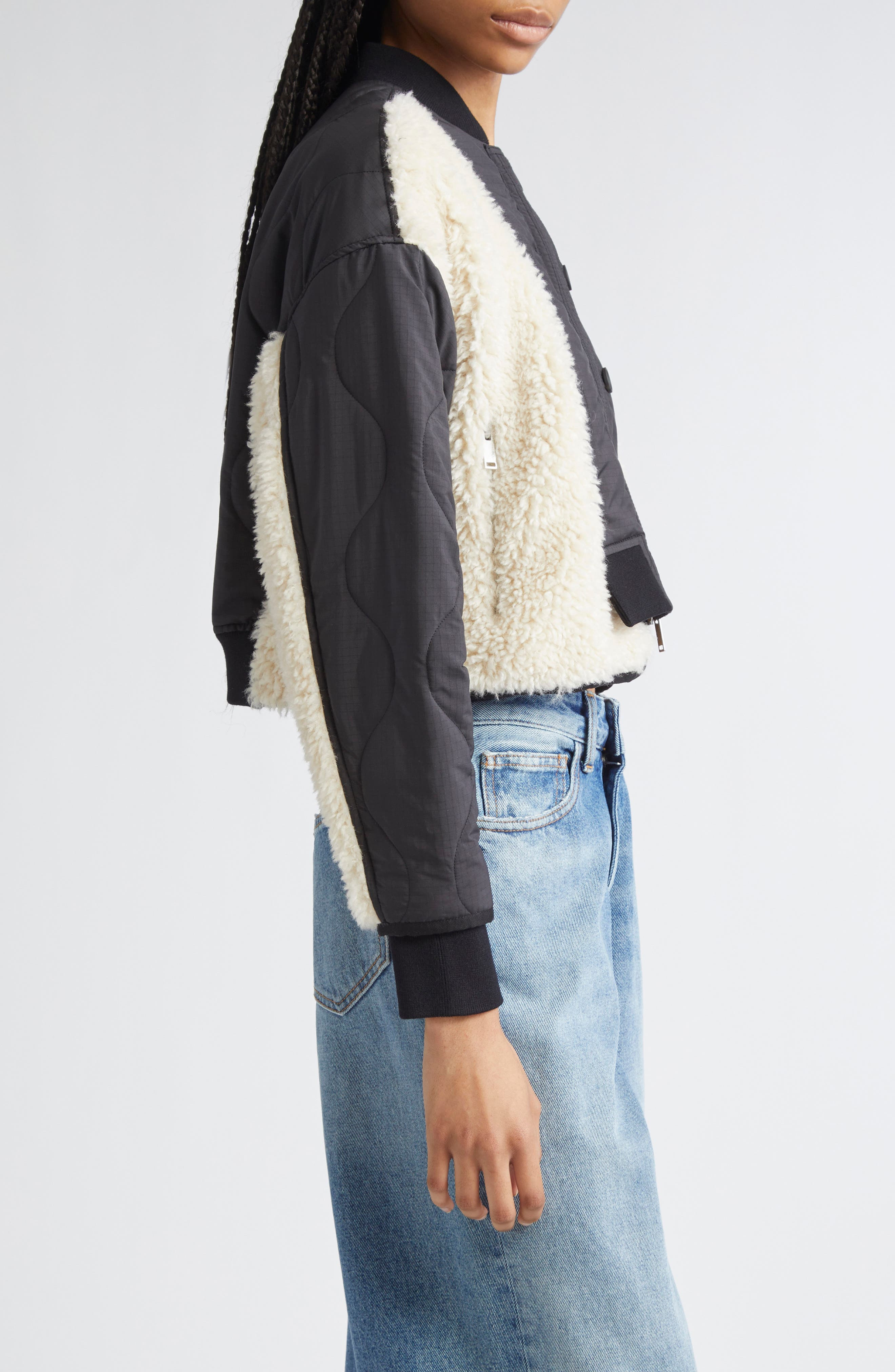 3.1 Phillip Lim High Pile Fleece Trim Quilted Crop Jacket in Black-Natural at Nordstrom - 3