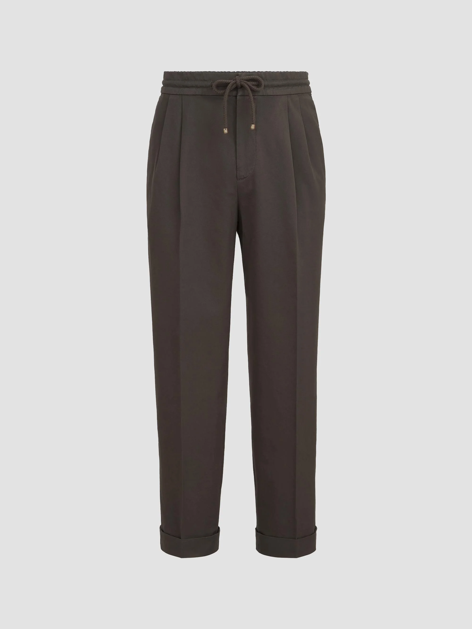 Men's Cotton Gabardine Trousers with Drawstring and Double Pleats - Brown - 1