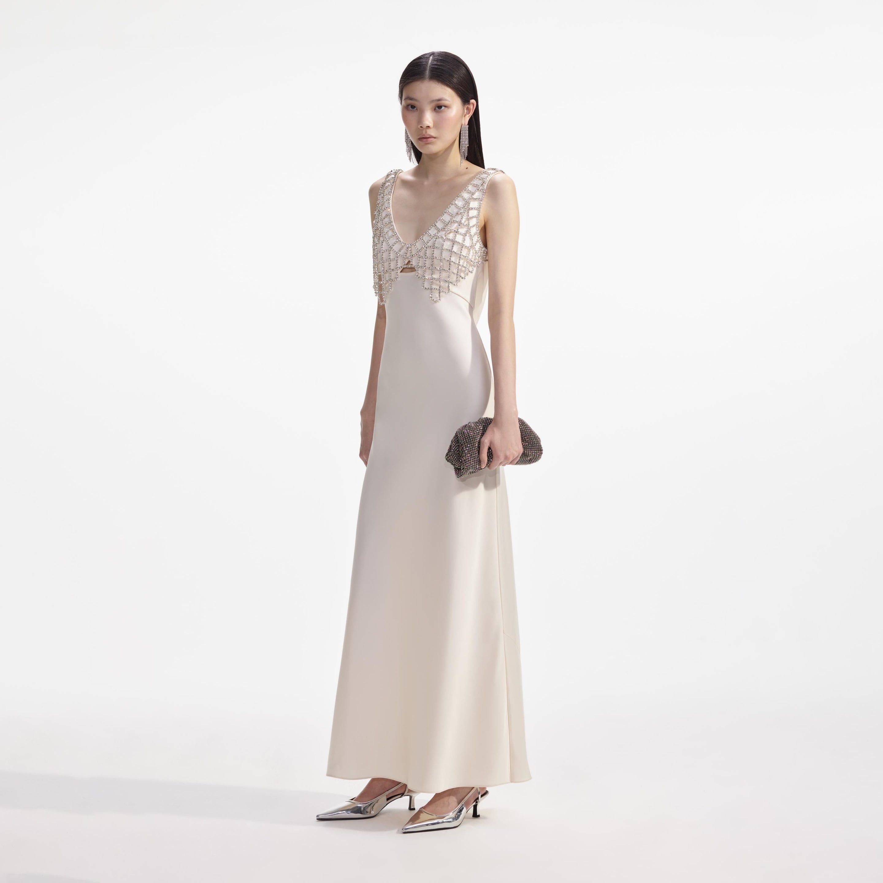 Cream Satin Diamante Bralette Maxi Dress - 2