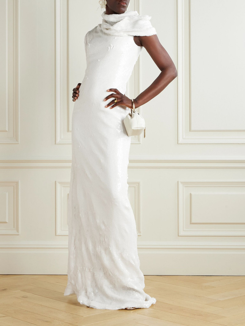 MARMAR HALIM One-shoulder cape-effect draped sequined silk-blend gown Off-white outlook