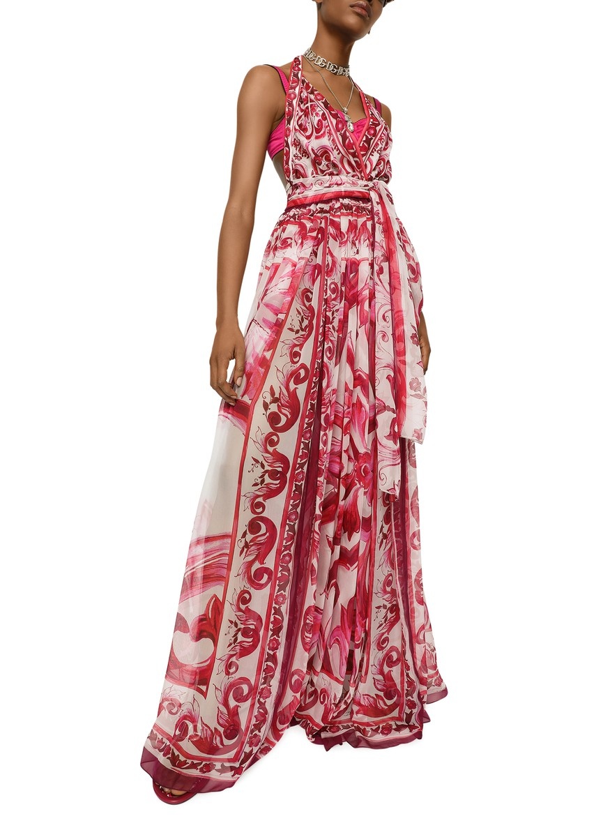 Long sleeveless chiffon dress with majolica print - 5